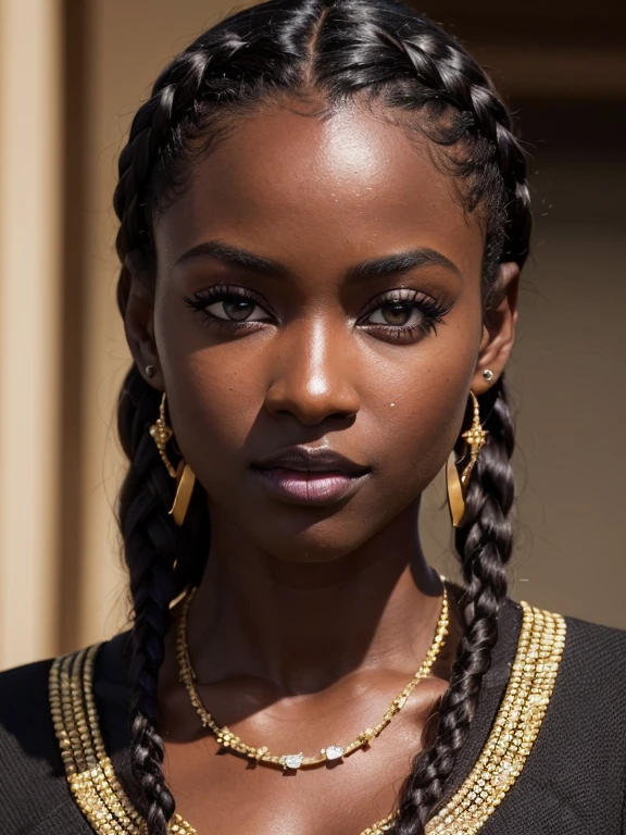 ((Top Quality, 8K, Masterpiece: 1.3)), Sharp Focus: 1.2, (Super Beautiful Face: 1.0), (Black dark Skin: 1.5), Realistic Photos, Brown Hair, Realistic Pupils, Movie Lighting, Highly Detailed Eyes and Face, Movie Lighting, (African top model), Short braided hair, parading in new fashion trend clothes, more detail XL,more detail XL,colorful,color art