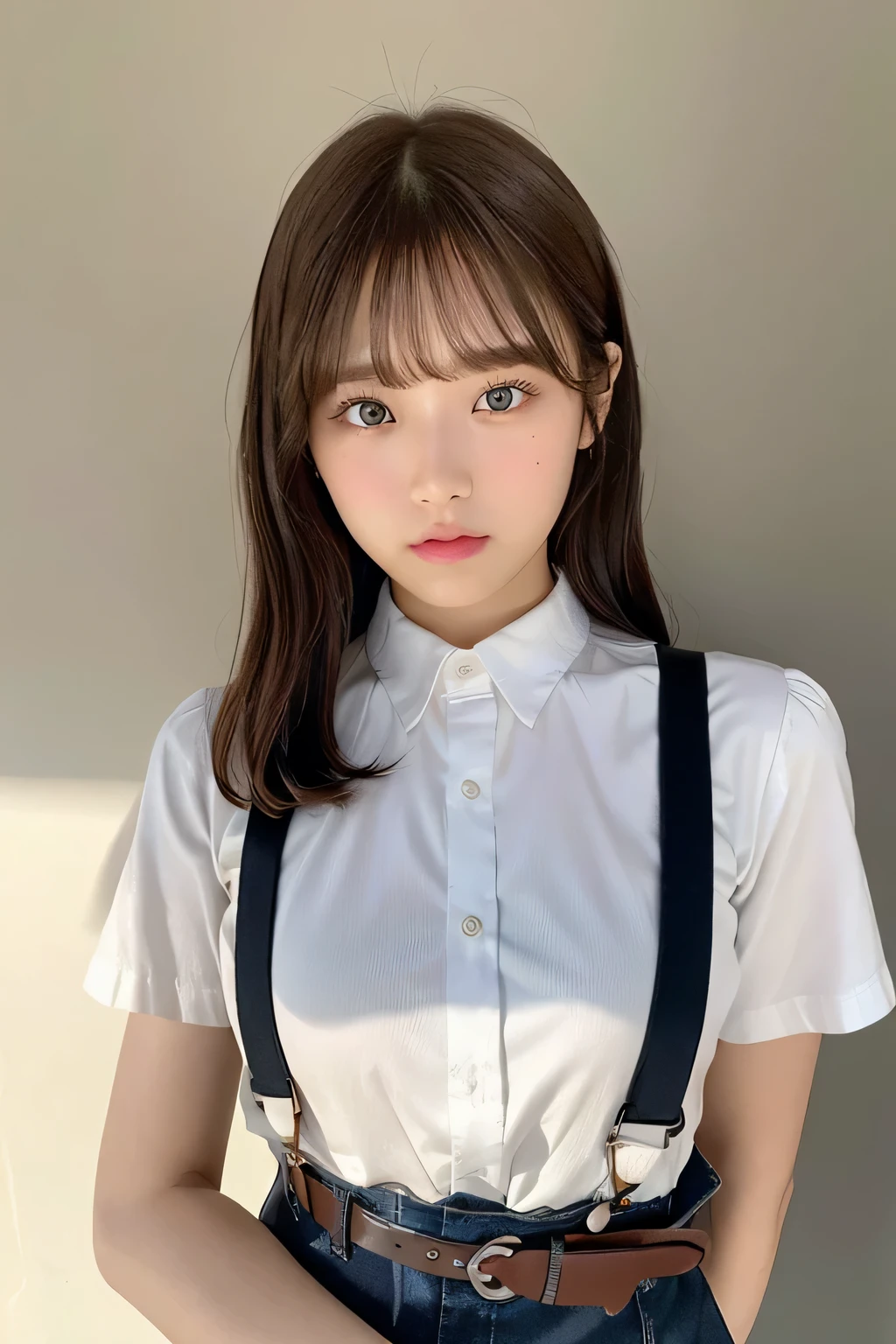 masterpiece、flat-colors、depth of fields、lens flare 1 girl、、Brown hair、watching at viewers a belt black suspenders Puffy breasts わきperspiring perspiring Side of both hands wall rack pants, Gaze a small face Bangs Upper Eyes aside cutter shirt Big breasts