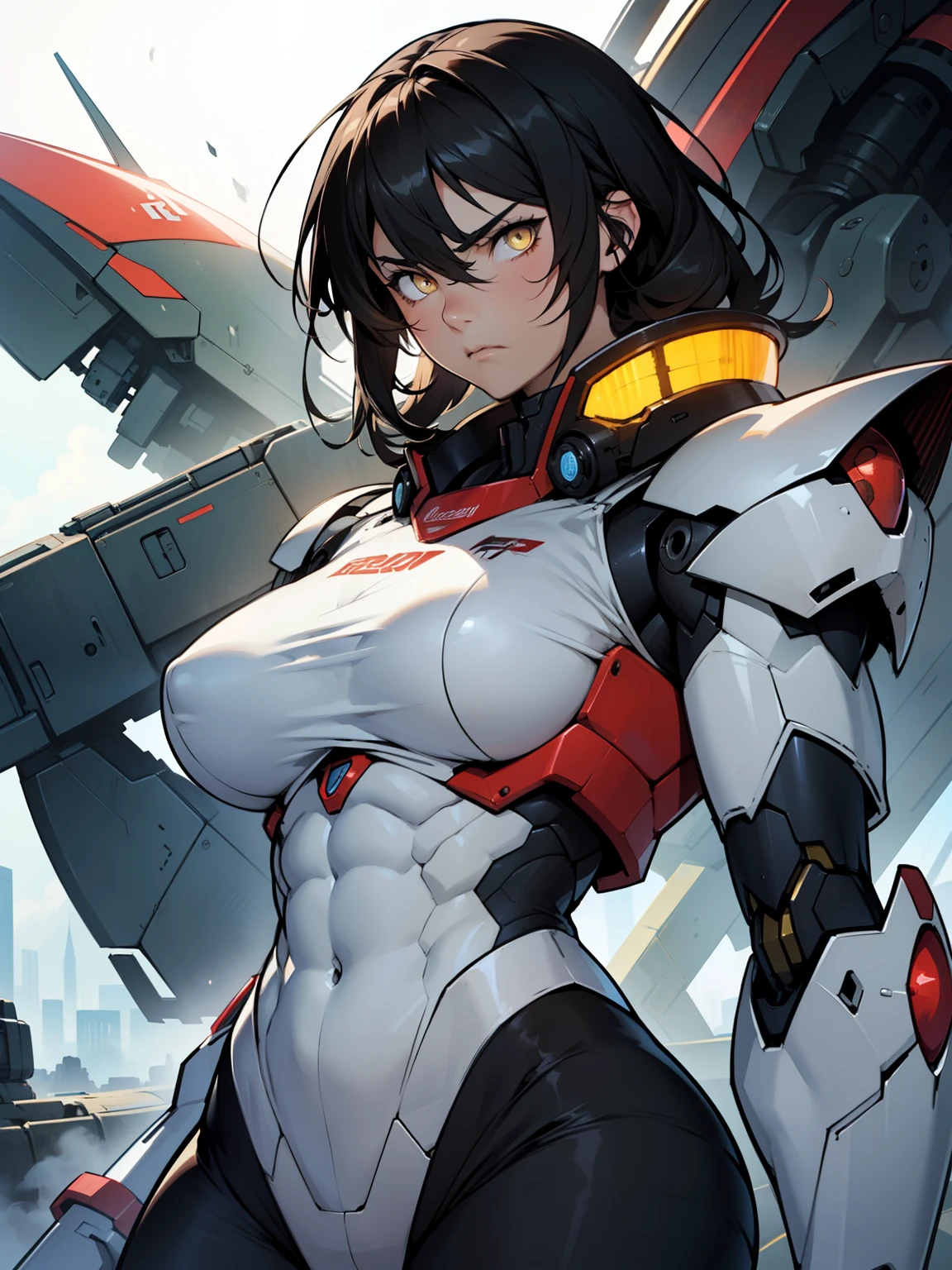 (((muscular girl thick large breats toned body))) sad frown girl black hair yellow eyes pale skin mecha mecha mecha mecha mecha mecha