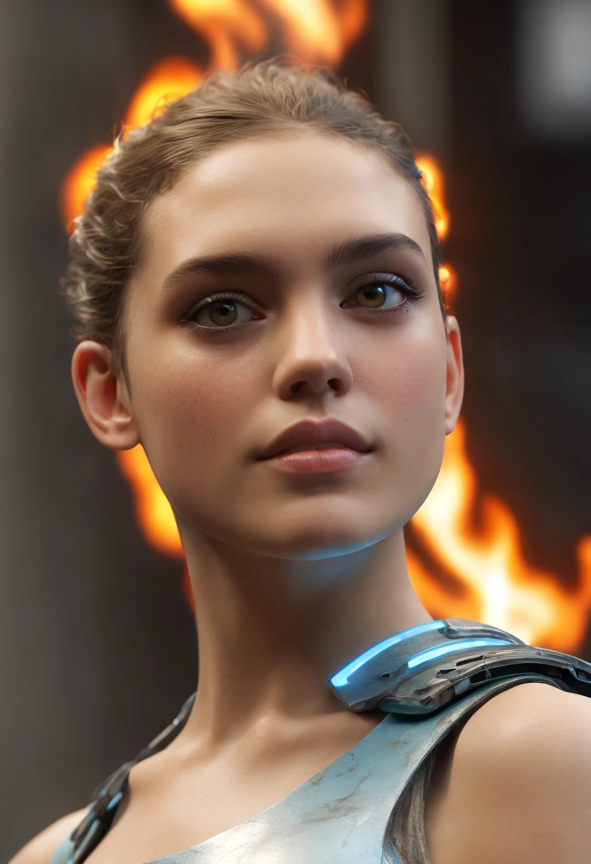 A girl with a mixed appearance, close-up of her face, rendered in Vray tracing style, inspired by Edward Cuker and Asai Miki, with a color palette of light silver and light blue. She is depicted as a fire woman, with short hair, captured from a low angle, inspired by the works of Paul Hedley. The image should showcase the best quality with 4K or 8K resolution, be ultra-detailed, and have a realistic or photorealistic touch. The lighting should create a captivating atmosphere with studio lighting effects.