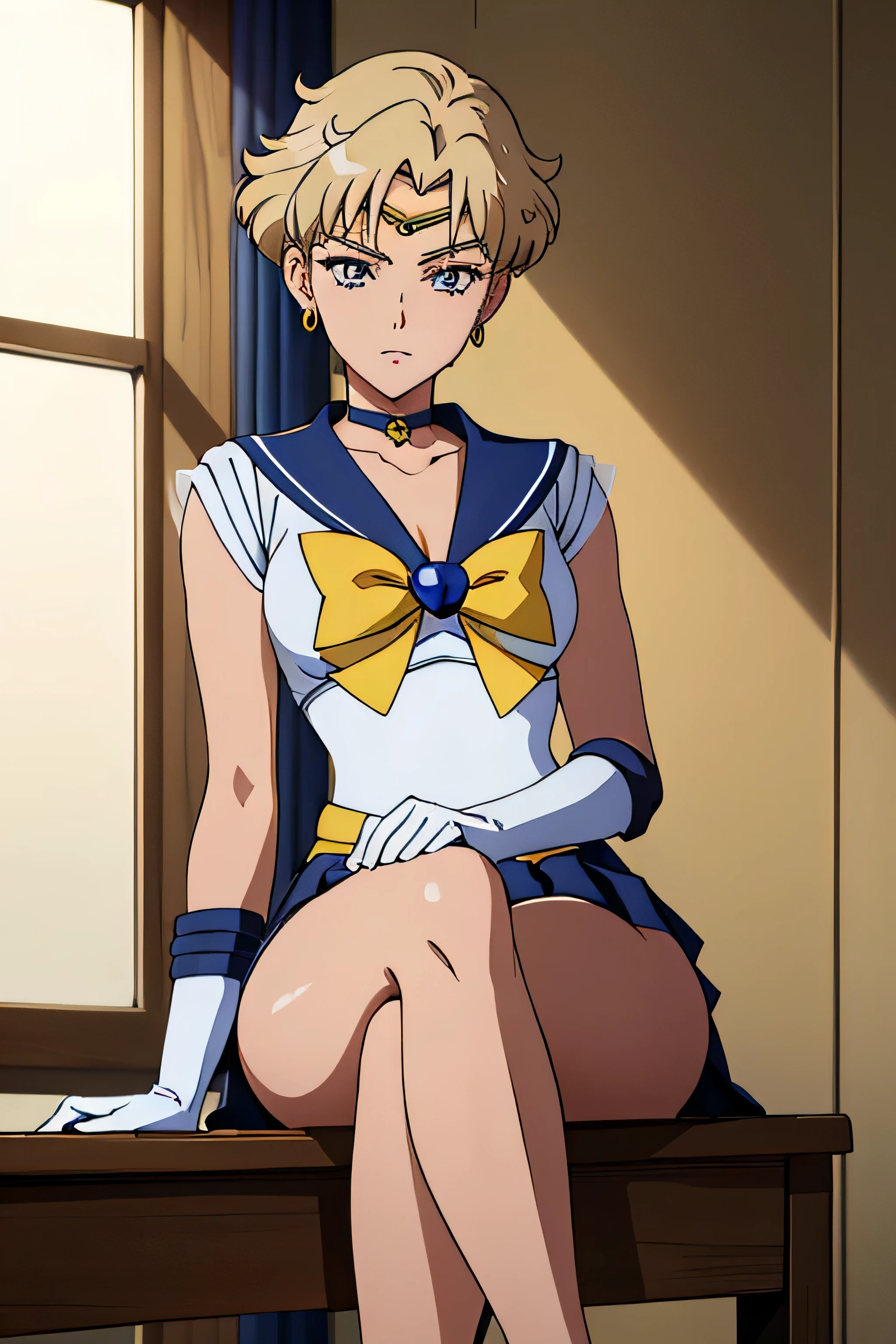 (La mejor calidad:1.1), (Obra maestra:1.4), (absurdos:1.0), retrato, primer plano,1girl, Marinero Urano, KizukiAi, Mujer madura, small breasts, aqua eyes, cabello rubio, Uniforme Sailor Senshi, Collar de marinero, arco de pecho, Arco trasero, Falda suplicante, Guantes blancos de codo, big booty, Ultra minifalda , jewely, Pendientes, falda plisada , Collar marinero azul, minifalda, gargantilla, blue gargantilla, Guantes blancos, pelo corto, jewely, Pendientes, sentada, Piernas cruzadas, muy sexy. PIERNAS ENROSCADAS, Show loot