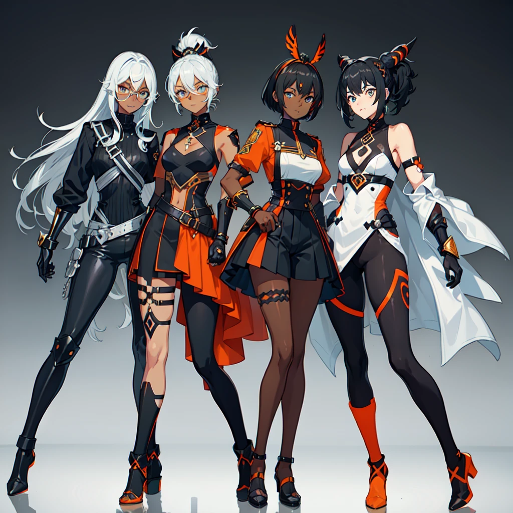 (((One character))), Female, (((Dark Skin)))), Black Hair with Ponytail, Light Blue Eyes, Round Glasses with a Little Dark Lens with this Lens being Orange, and the Light Blue Color frame, (((Black Metallic Gauntlets and Greaves with Orange and Silver Highlights)), (((The Clothes Have a Mix of Modern and Tribal)))), Having Mostly Black Color, but having Orange Parts, Shoulders on Display, On the Hip a Shorts extending to Half of the Thigh of black color.