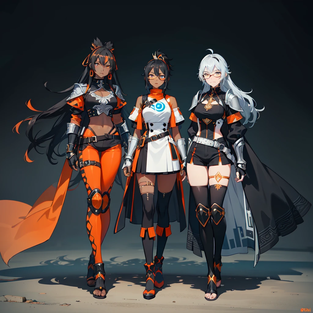 (((One character))), Female, (((Dark Skin)))), Black Hair with Ponytail, Light Blue Eyes, Round Glasses with a Little Dark Lens with this Lens being Orange, and the Light Blue Color frame, (((Black Metallic Gauntlets and Greaves with Orange and Silver Highlights)), (((The Clothes Have a Mix of Modern and Tribal)))), Having Mostly Black Color, but having Orange Parts, Shoulders on Display, On the Hip a Shorts extending to Half of the Thigh of black color.