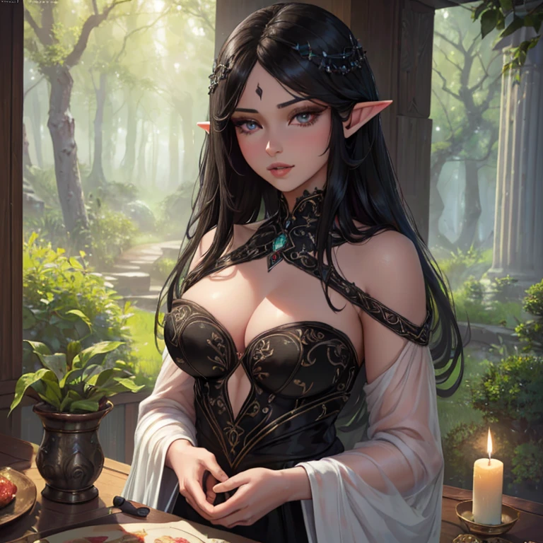 (black hair,silver eyes,beautiful detailed eyes,beautiful detailed lips,extremely detailed eyes and face,longeyelashes:1.1)female elf, (dim,soft) candle light, (oil painting,photorealistic) medium, (mysterious,enchanted,serene) garden, (delicate,fine) details, (best quality,highres:1.2,realistic:1.37)