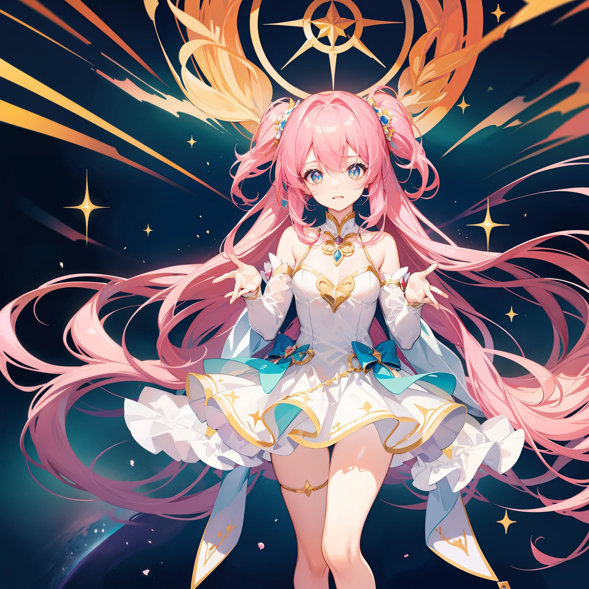 Anime star magical girl, sparkling magical girl, portrait of the magical girl, beautiful celestial mage, magical little girl, anime goddess, celestial magical girl, colorful gradient layered magical costume, (colorful), whimsical, cute, full body
