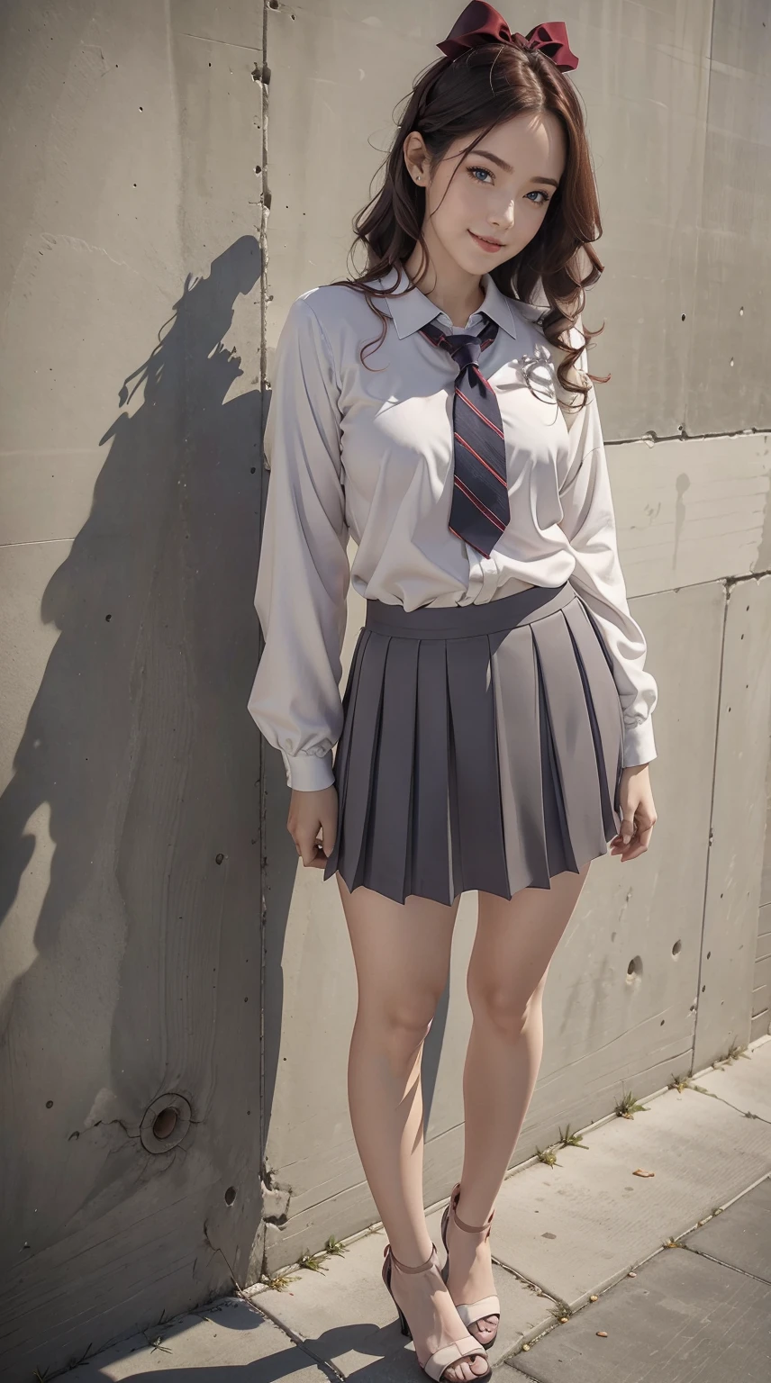 26 year old white woman、Hair color is reddish、Hair is wavy、Decorate your hair with a ribbon、Eye color is blue、Longhaire、A slender、a smile、Wearing a sailor suit、He wears an azuki-colored ribbon tie.、She's wearing a dark blue pleated skirt.、I'm wearing low heels、standing against an old concrete wall、a smile、Head-on perspective、Breast size、A slenderだが均整の取れた細マッチョな身体