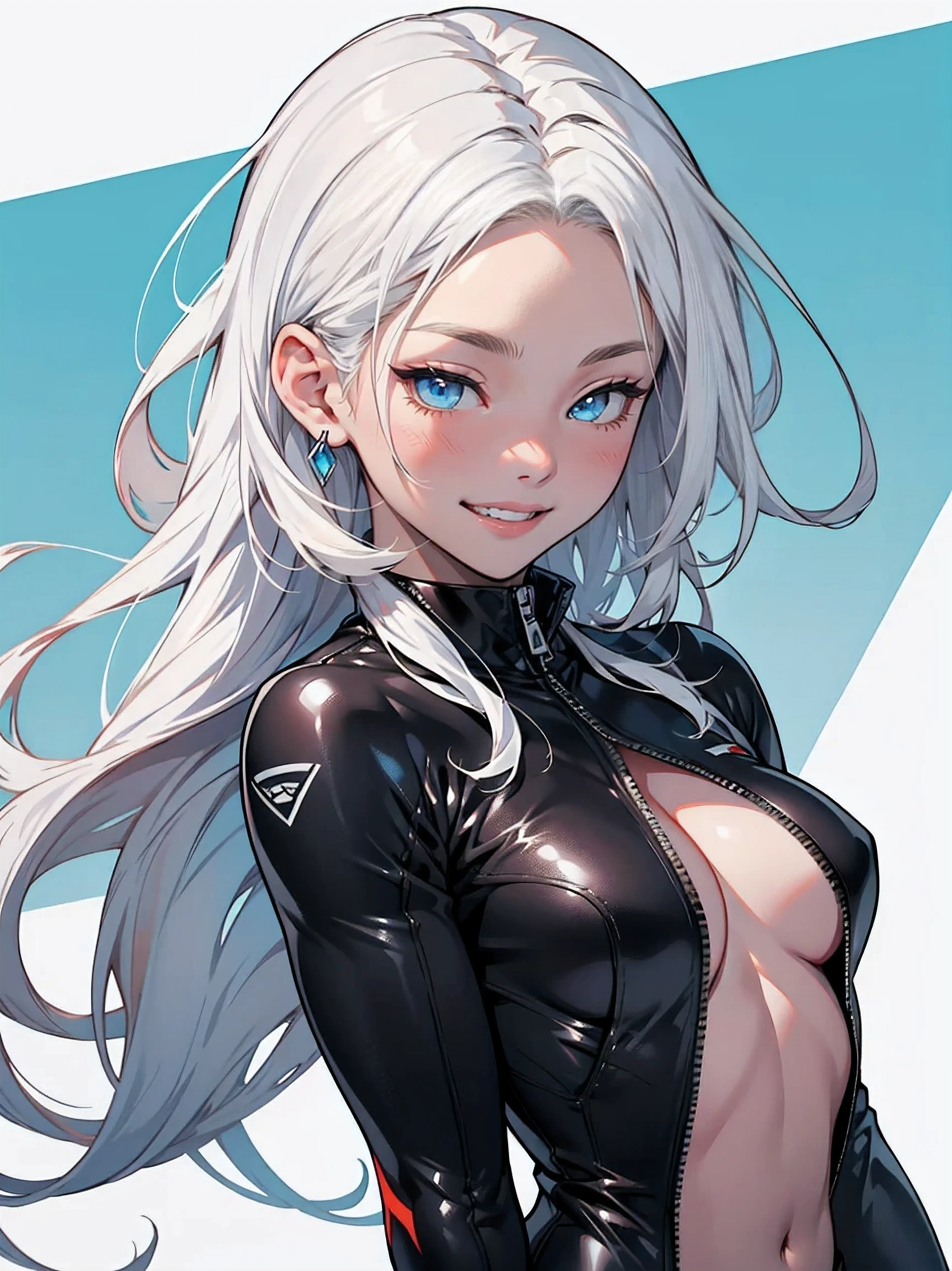 girl with、to stand,((Portrait)),top-quality、masterpiece、Hi-Res、(((girl with1人)))、masutepiece, quality of hike,White background、(白人のgirl with), ((White long hair))),animesque,2D、((white hair))、blue eyess,albino、Tight clothes、, open belly,black leather spats、Upper body naked、rubbersuit、(Forehead)、Gun Holder、Cheerful,Eyes closed,Laugh