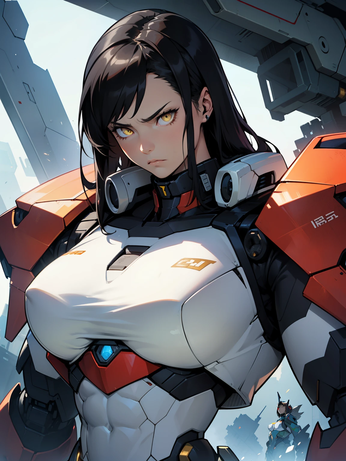 (((muscular girl thick large breats toned body))) sad frown girl black hair yellow eyes pale skin mecha mecha mecha mecha mecha mecha