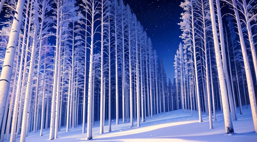 Birch Forest, white crystal trees, glowing, violet sky, winter
