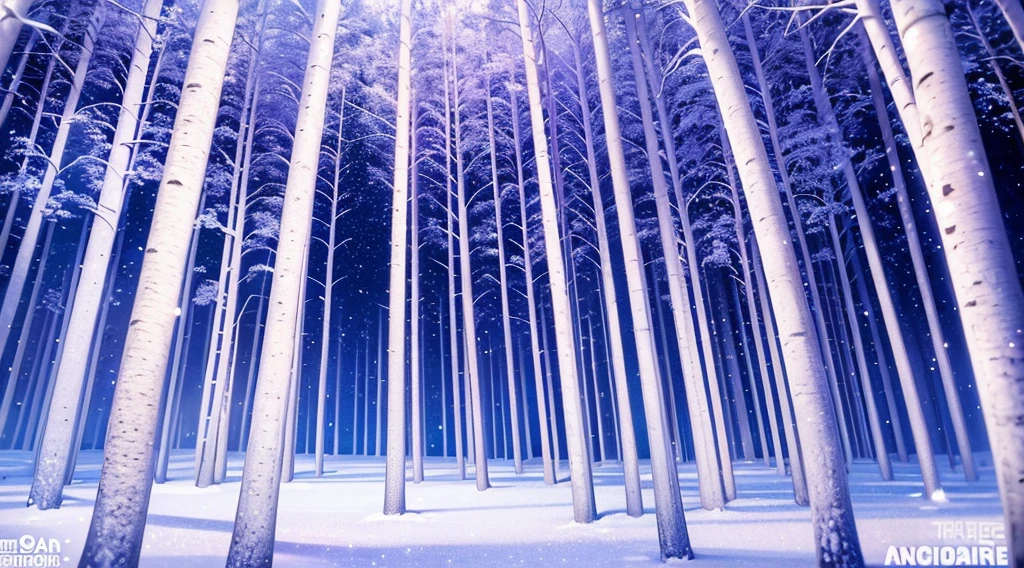 Birch Forest, white crystal trees, glowing, violet sky, winter