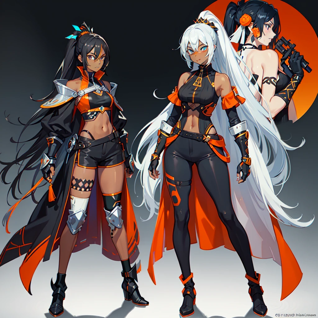 masterpiece, best quality, absurdres, 3 girls (((full body))), standingn, lots of clothes, from head to toe (((three character))), female, (((dark skin))), a mix of tech and tribal, Black hair with a ponytail, Light Blue eyes, and a Light Blue frame, ((Black Metallic Gauntlets and Greaves with Red and Silver Highlights)), (((The Clothes have a Mix of Modern and Tribal))), mostly black, but with parts in red, Shoulders on Display, On the hip, a short that extends to mid-thigh in black, full body