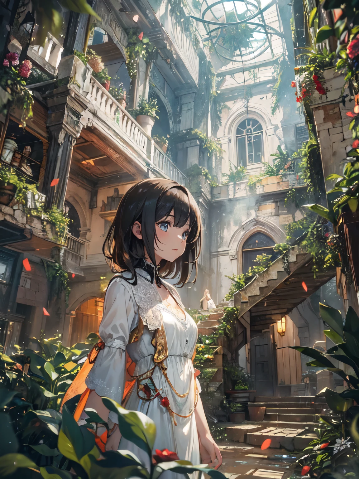 Detailed and atmospheric illustration BREAK Low angle looking up, BREAK A lonely young woman with dark hair wearing a white shirt, standing in the sunny atrium, Her expression is pensive. BREAK A lush indoor garden within a gorgeous garden., dilapidated building, With sunlight shining through the glass ceiling, creating a dramatic and moody atmosphere.