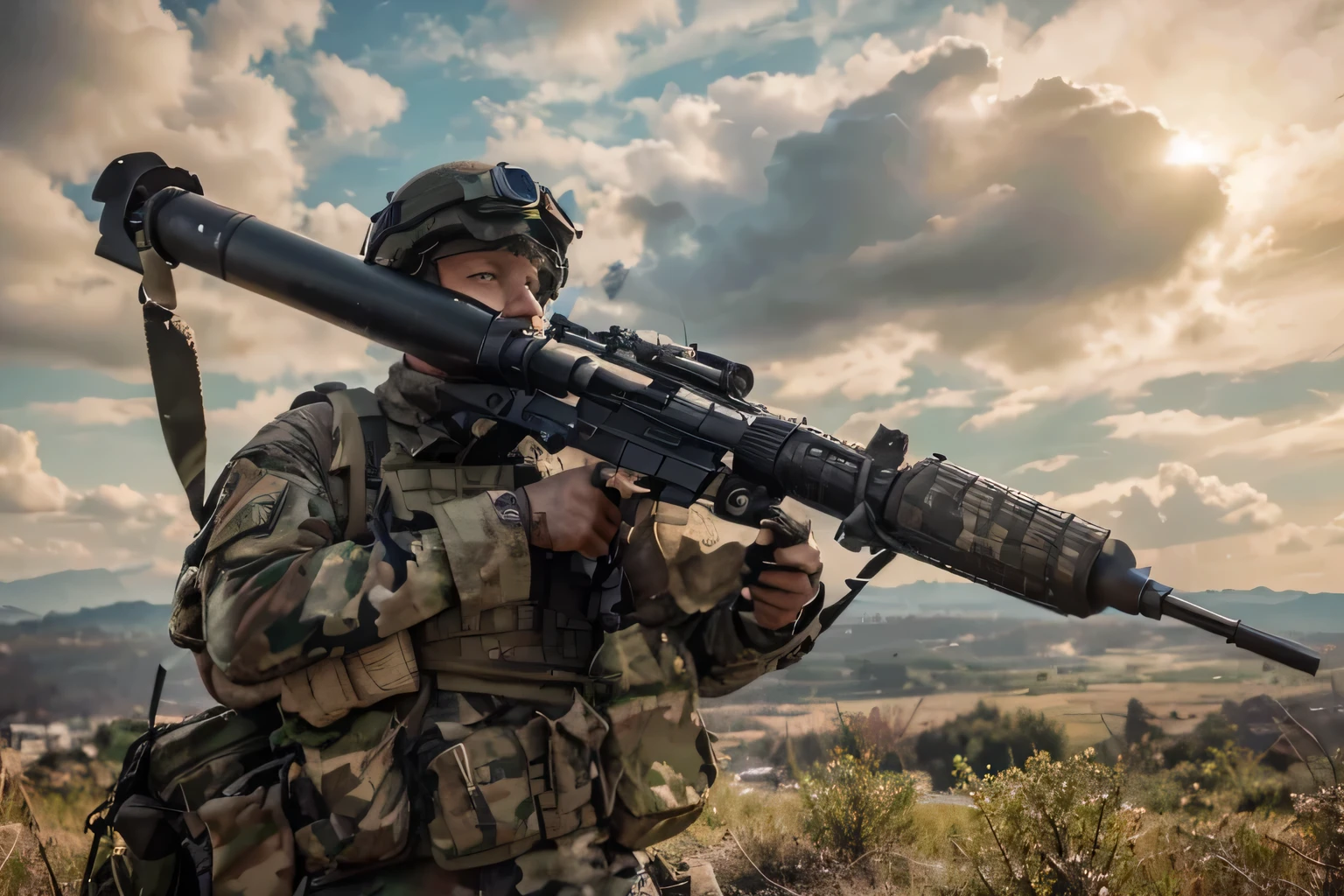 Soldado masculino, Cara alemana, uniforme militar con camuflaje con detalles verde azulado, casco militar, tactical glasses, chaleco antibalas, lleva un walkie talkie, manos con guantes, sostiene un panzerfaust, Tactical Backpack, It's a German forest., mucho fuego, humo , escombros, 4k, Ultra detallado image, realista, Altamente detallado, perfect composition, splendid, Intrincadamente detallado, Incredibly detailed, 8 k artistic photography, hiper detallado, Obra maestra, Ultra detallado, Hyper realista, 4k, Ultra detallado image, realista, Altamente detallado, perfect composition, splendid, Intrincadamente detallado, Incredibly detailed, 8K fine art photography, hiper detallado, Obra maestra