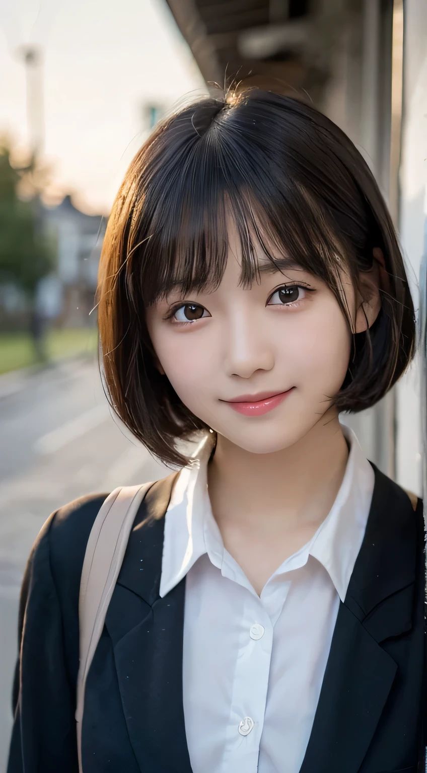 (top-quality,8K picture quality,masterpiece:1.3),(超A high resolution,Photorealsitic:1.4,Raw photography),(ultra-detailliert,Caustics,Detailed background),(Ultra-realistic capture,Beautifully detailed skin,perfect anatomia),at the sunset,Sunset sky,school buildings,school ground,18year old,kawaii,Single eyelid,Black hair short bob,School Blazer Uniform,Looking at the camera,A smile,Bust-up shot,natural soft light