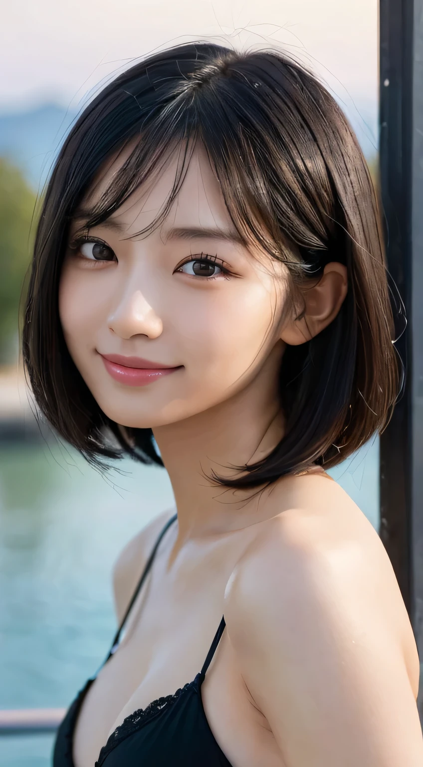 masterpiece, film grain, upper body photo of a Young girl in a white sheer fabric(short camisole), solo, ((hardnipples)), absurdity, realistic(face, body, skin), (cute:1.35), cuties, (big breasts:1.275), detailed black eyes, innocent eyes, blusher, black choker, earrings, short hair, (messy bob hair), areola slip, areola slip out, Very Short Black Hot Pants, shiny pink lips, closeup, look at viewer, open lips, upper teeth, (smiling eyes:0.375), ((grinning:1.125)), depth of field, outdoors, cinema light, blurred background, eye focus, Bokeh, Professional Lighting, Portrait, Photon Mapping, Radiosity, Physically Based Rendering, soft light, (nsfw:1.1),