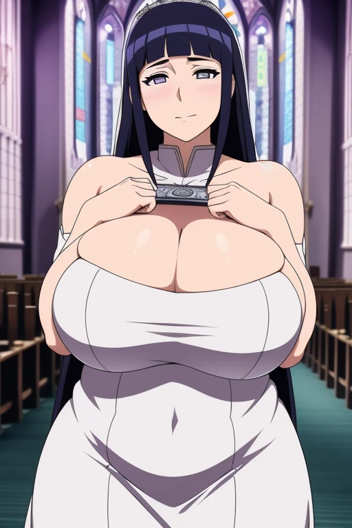 bride hinata in an extremely tight wedding dress, with her extremely_gigantic _huge_breasts naked in church, best quality, hentai pose, detailed face,detailed breasts, detailed eyes, highres