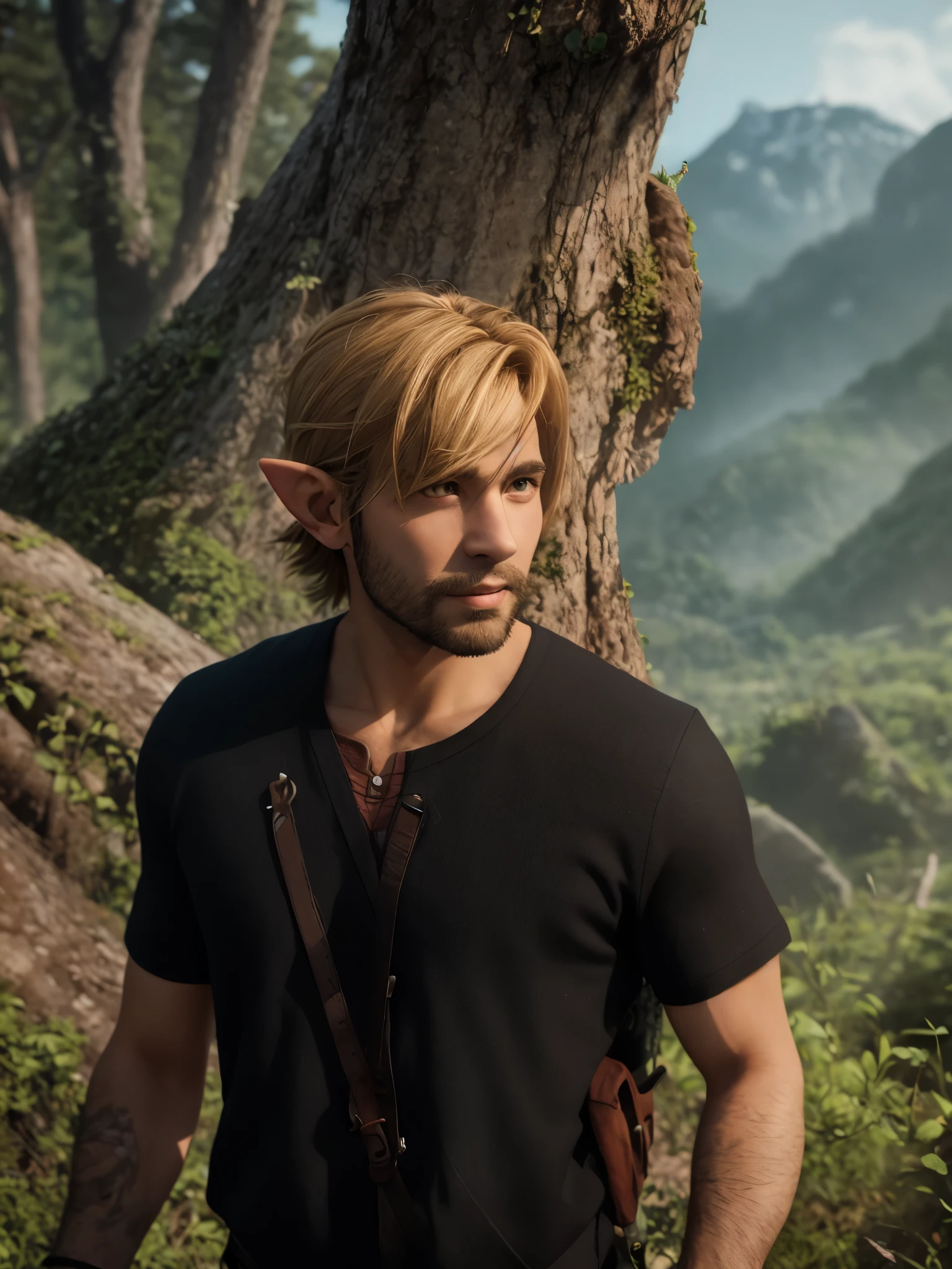 arafed man standing on a rocky hill with a rock in the background,HD, (Best Detail), (Best Quality), Zelda, Relic, Joy, Masterpiece, Best Quality, High Resolution, Relic, Forest, Elf Ears, ((Blonde Hair))