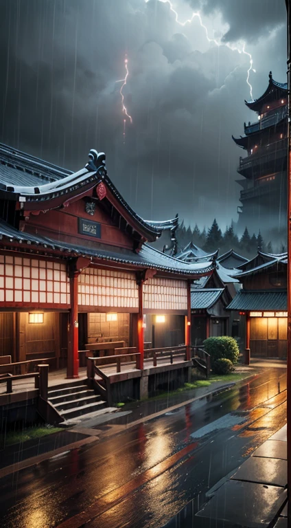 arafed view of a village with a lot of lights on the buildings, dreamy chinese town, chinese village, amazing wallpaper, japanese town, japanese village, hyper realistic photo of a town, old asian village, japanese city, by Raymond Han, rainy evening, cyberpunk chinese ancient castle, beautifully lit buildings, at evening during rain, beautiful and aesthetic, photography, cinematic, 8k, high detailed ((Heavy rain)))