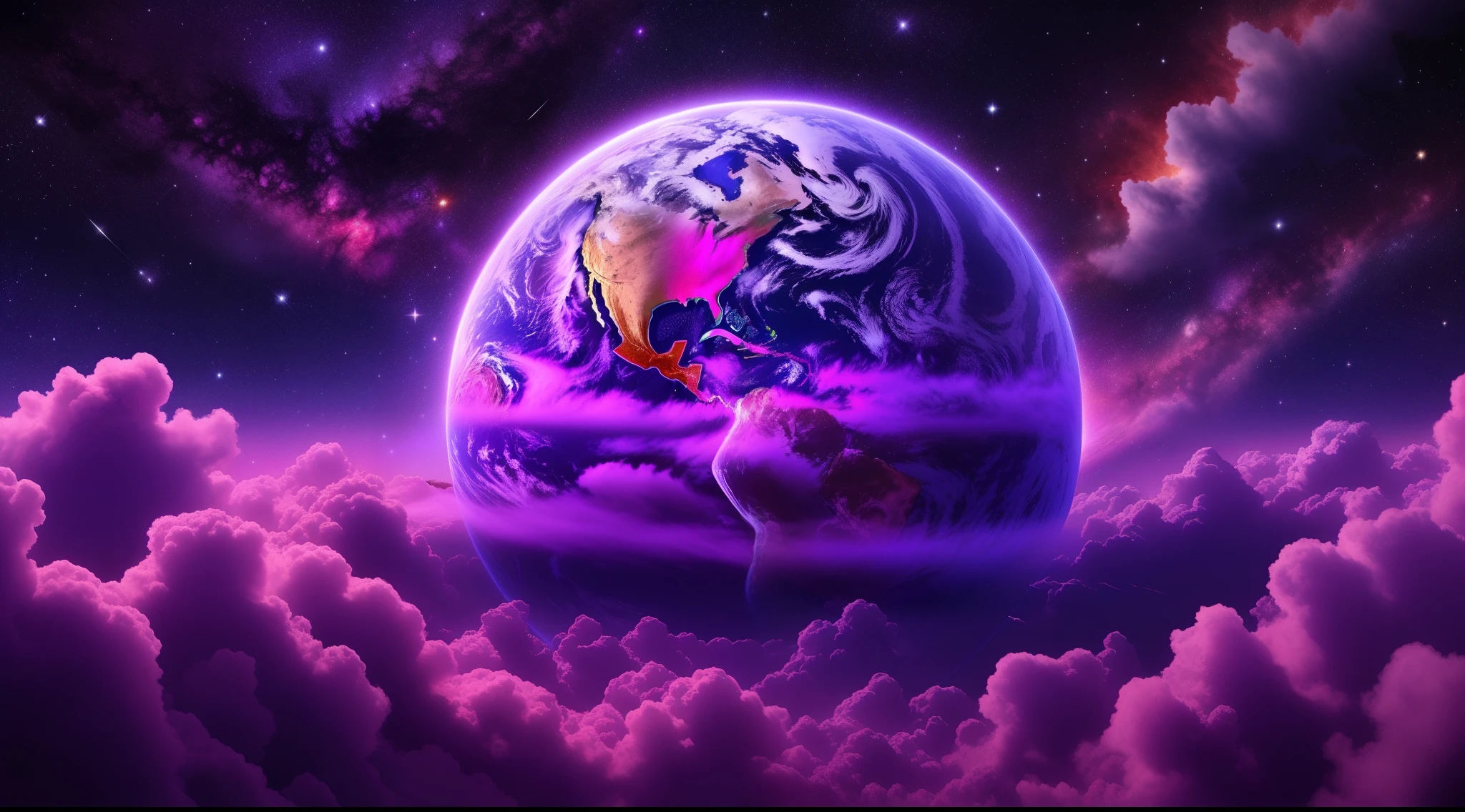 purple and blue planet with clouds and stars in the background, violet planet, heaven planet in background, earth in the sky, planet earth background, looming over earth, looming over the earth, earth in background, earth in space, earth in the background, the earth, mother earth, planet earth in the background, cosmic purple space!, with earth, looming over earth in space