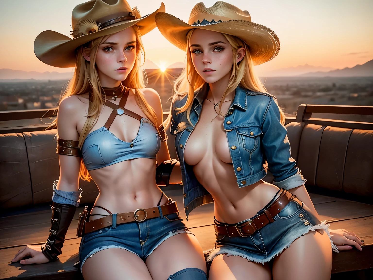 a beautiful two teen emma watson dressed as a sexy cowgirl. sitting on top of each other. blonde, blue eyes, freckles. intricate leather costume, denim skirt, crop top, underboob. cowboy hat. as a two captivating figures amidst the ostentation. slender and graceful. sunset