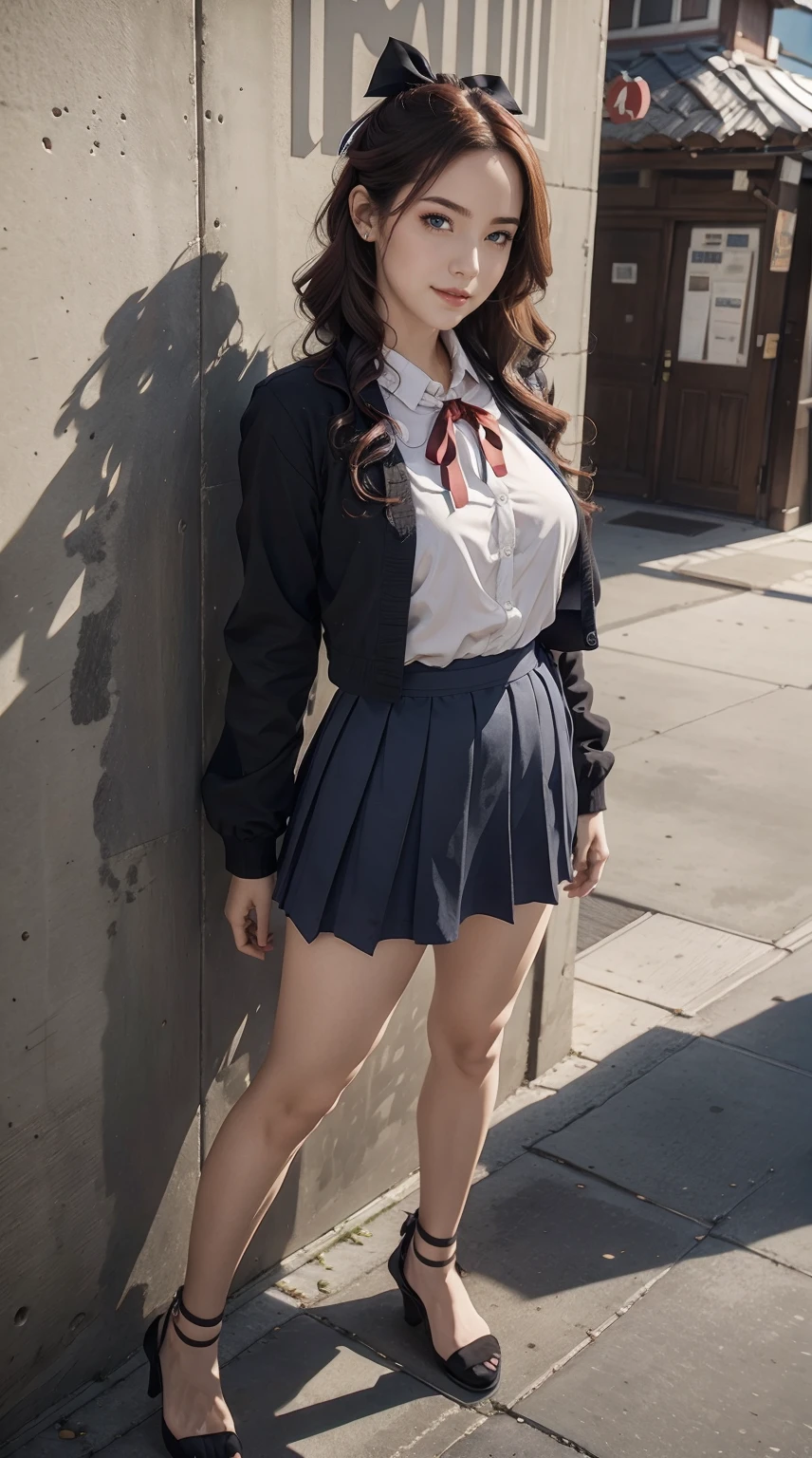 26 year old white woman、Hair color is reddish、Hair is wavy、Decorate your hair with a ribbon、Eye color is blue、Longhaire、A slender、a smile、Wearing a sailor suit、He wears an azuki-colored ribbon tie.、She&#39;s wearing a dark blue pleated skirt.、I&#39;m wearing low heels、standing against an old concrete wall、a smile、Head-on perspective、Breast size、A slenderだが均整の取れた細マッチョな身体