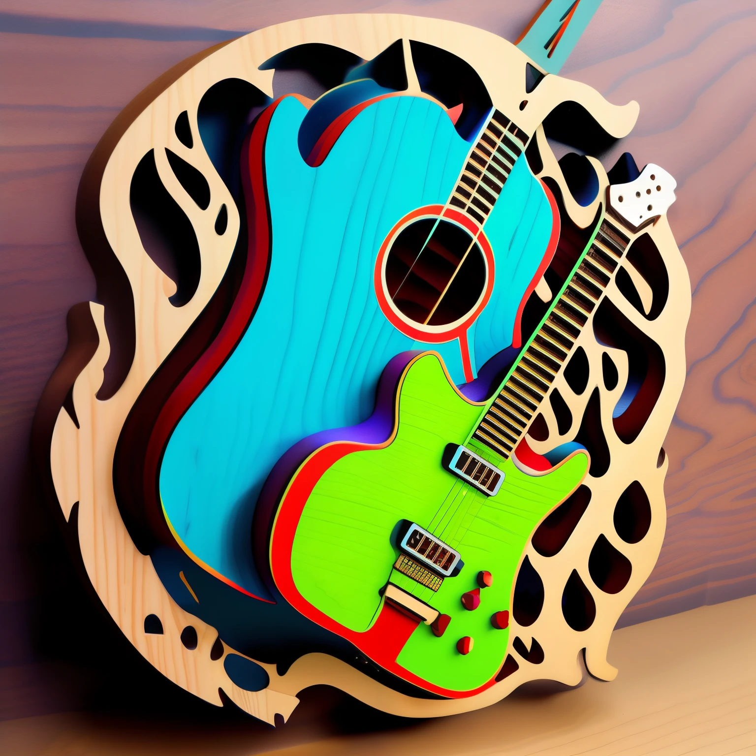 wooditize a guitar and an eagle, vibrant colors, elegant ornament, intricate detail