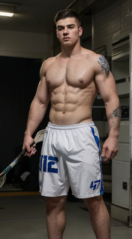 Young white man lacrosse player , , military haircut, black hair, intense blue eyes, intense gaze, affiliated features, no facial hair, height 1.93, weight 100 kg, muscular build, broad shoulders, V-shaped body, tattoos , full body focus, completely hairless,