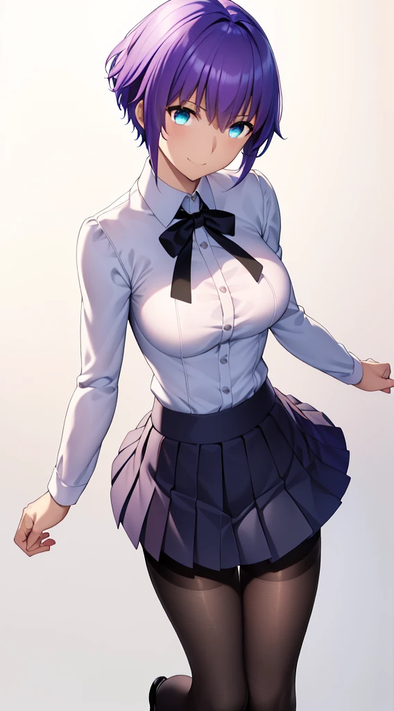 [[purple short hair girl]], (purple hair:1.3), (short hair:1.3), bangs, (cyan eyes:1.2), ((small breast:1.2), (small-sized buttocks:1.3), [[white collared shirt]], (white collared shirt:1.5), white shirt, breast tent, (long sleeves:1.3)(navy blue pleated miniskirt:1.5), (black pantyhose:1.5), (black long boots:1.2), high heels, (black neck ribbon;1,2), tiny silver earrings, lively girl, cheerful girl, {{beautiful}}, amazing, (best quality:1.5), (masterpiece:1.5), extremely delicate and beautiful, intricate details, finely detailed, extremely detailed, beautifully detailed, ultra-detailed, (hyperdetailed:1.5), high resolution, (illustration), watercolor pencil, Clear line drawing, (ufotable style:1.1), (ufotable screen cap:1.1), anime coloring, anime screencap, (latest picture), backlighting, dynamic angle, glow, depth of field, {{body satisfaction}}, (body with a good balance of style:1.5), (slender figure:1.5), perfect body, perfect hands, perfect feet, (two arms:1.2), (two legs:1.2), (five fingers each:1.2), (perfect joint:1.2), perfect joint movement, beautiful detailed eyes, (detailed eyes:1.5), finely detailed eyes, perfect anatomy, full dissection, perfect composition, correct limbs, balance and coordination in all things, realistic:0.5, precise fingers and hands, (finely drawn hair:1.5), (flowing hair:1.1), BREAK [[enjoyment]], (smile:1.3), (looking at viewer:1.2), (standing:1.2), (whole body:1.5), head, (arms:1.2), (legs:1.2), [[White background]], (white background:1.5), (simple background:1.5),