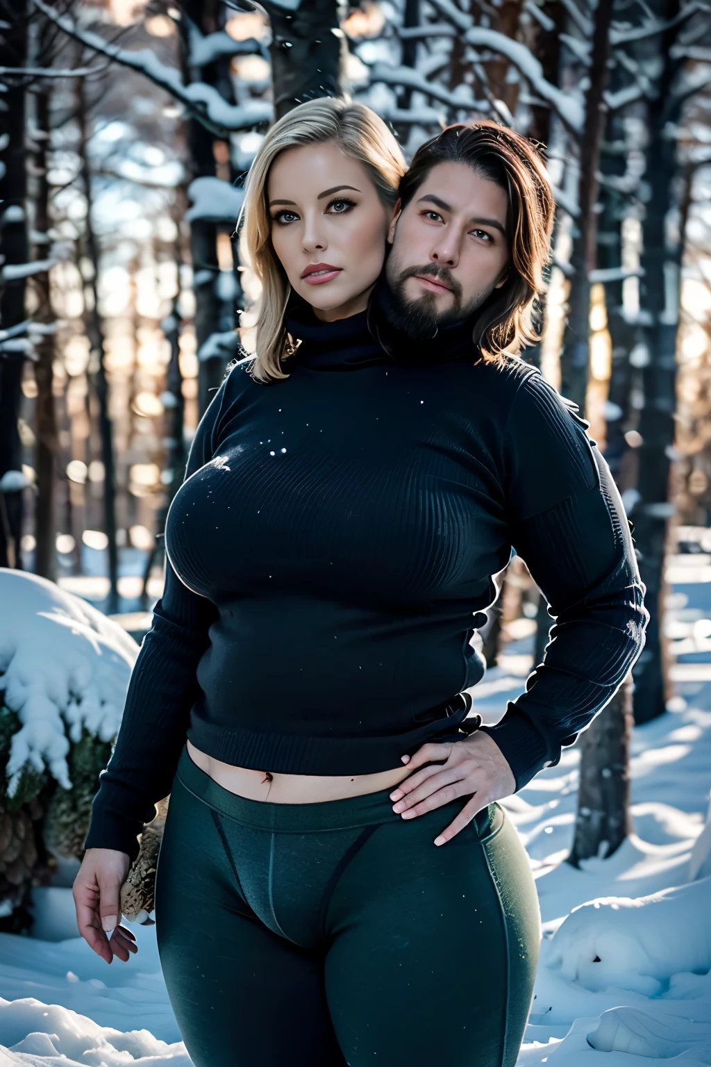 1man, ((:1.5)), 40 years old,  (male featurerunette, bears, stubble, fat, middle aged, shared oversized low cut  sweater, big ,chubby,overweight,plump,boot,hood,((beard)),snow,posing in front of a frozen forest in alaska as a sasquatch walks by in the background,cold,frozen, winter, yoga pantig bulge)))) , pensive, 8k, photography, realistic, Swedish, conjoined dicephalus, no more than two heads,((( a dinosaur roams in background))),  (((2heads)))