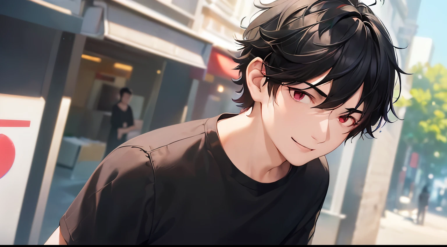 during daytime、(looking away:1.5), masterpiece、hightquality、(25 year old man with short black hair and red eyes:1.5)、Wearing a plain black T-shirt、(Alone:1.5)、(smile:1.1)、Close-up of your face、(Only the upper body is shown.:1.3)、The background is a shopping street、Bold composition、