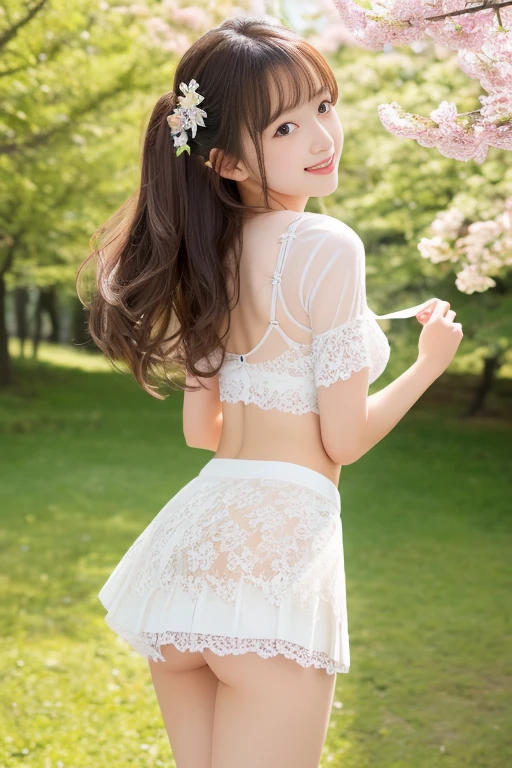 (((​masterpiece))), (One beautiful Japan girl, classmates, Pure Innocence，Innocence，kawaii) ，超A high resolution, Realistic, ultra-detailliert, 8K,top-quality, Extremely detailed, Detailed background,A slender,(a baby face，kawaii系,adorable  old girl),Beautiful girl in a short-sleeved white blouse、(Perfect body:1.1)，Super Detailed Face、Detailed lips、A detailed eye、Photorealistic:1.37，no-makeup，small gravure idol，Transparent skin、((The wind blows and the skirt flips up, A glimpse of white lace panties..))，Hair swaying in the wind，smil，[[The cherry tree]]Forest background、Neutral Lighting，Pleated mini-skirt，、The white lace underwear is transparent、posterior view、Enlarge the buttocks、Looking up from the ground，Show your beautiful teeth、 playful pose, natural beauty,Warm tones，
