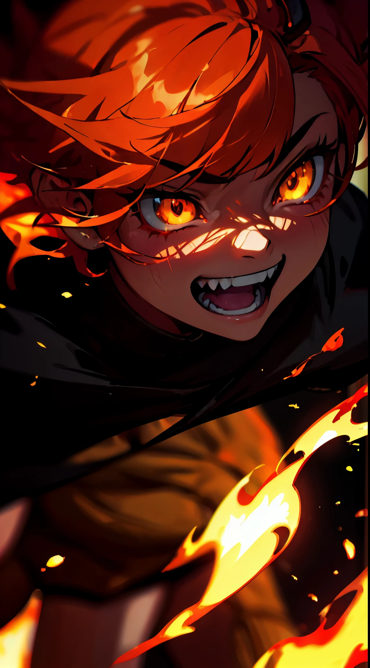 ((masterpiece)), best quality, 8k, high quality, high resolution, super detailed, ultra detailed, photorealistic, fiery and finely detailed face and eyes, ultra detailed and detailed skin texture, fiery eyes, perfect face, 1 girl, blazing red short hair, (fiery attire), flaming yellow eyes, (fiery crown), (infernal aura), standing before a roaring bonfire, passionate expression, ((burning grin)), twilight, fiery landscape, crackling flames, intense atmosphere, (crackling embers), (dancing flames), since primordial times, Ignia, fiery eyes, background of blazing inferno.