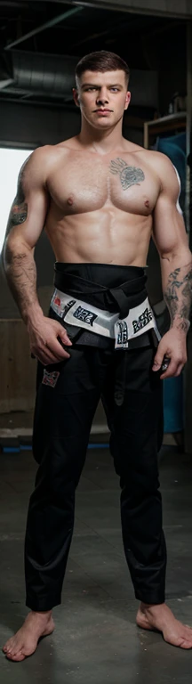 Young white man karate black belt, , military haircut, black hair, intense blue eyes, intense gaze, affiliated features, no facial hair, height 1.93, weight 100 kg, muscular build, broad shoulders, V-shaped body, Celtics tattoos , full body focus, completely hairless,