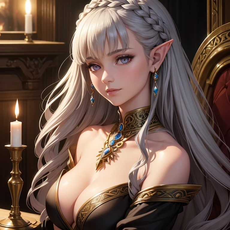 (best quality, highres, ultra-detailed), (realistic:1.37), black hair, silver eyes, elf female, dim candle lit tavern, mystical atmosphere, graceful posture, intricate braided hairstyle, ornate earrings, ethereal beauty, soft candlelight shadows, gentle smiles, vibrant colors, fantasy setting, captivating gaze, enchanting atmosphere, delicate features, elegant attire, magical aura, shining silver jewelry, fantasy artwork, magical creatures, elven world, mysterious charm