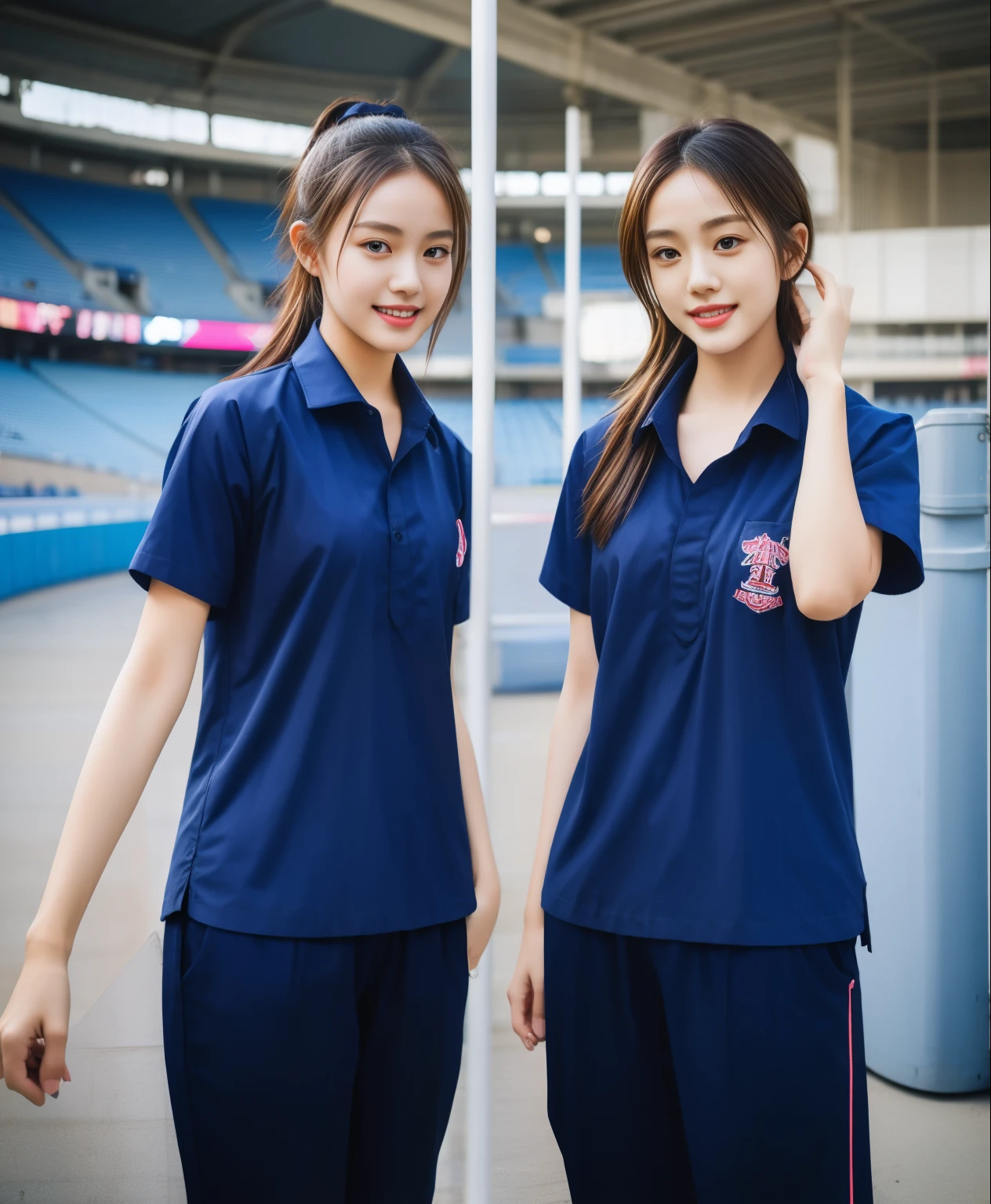 (bestquality,10,10,highres,masterpiece:1.2),ultra-detail,(Realistic,ภาพRealistic,photo-realistic:1.37),1 Cute girl in the football field,oily shiny skin,bara,light smile,BDclothelue shirt:1.3)),short sleeves,shirt, trousers.,(navy_long_ติดตามtrousers:1.1), ((Stadium Background:1.3)),dynamic angle,excited,face focus,Dynamic Poses,from behide,Ass Focus,masterpiece, bestquality, ultra realistic, hyper-detail, 8k resolution, RAW photo, crisp focus, ((Navy blue shirt:1.1)), short sleeves, เส้นทางlong, Complete bodyแบบ, 2 mature women, 18yo, cinematic light,trousersวอร์มสีน้ําเงิน,Gymware,Correct anatomy,Complete body, Correct body, sharp face, Correct bodyทางกายวิภาค, full entire body, Realistic gestures, long-haired, Realistic poses,Wear long shorts............................................,ช่วงขาlong,Shapely,Sculpting Girl, Slender Figure, mannequin mannequins, Shapely, Beautiful body,trousersวอร์มสีน้ําเงิน, Two girls kissing