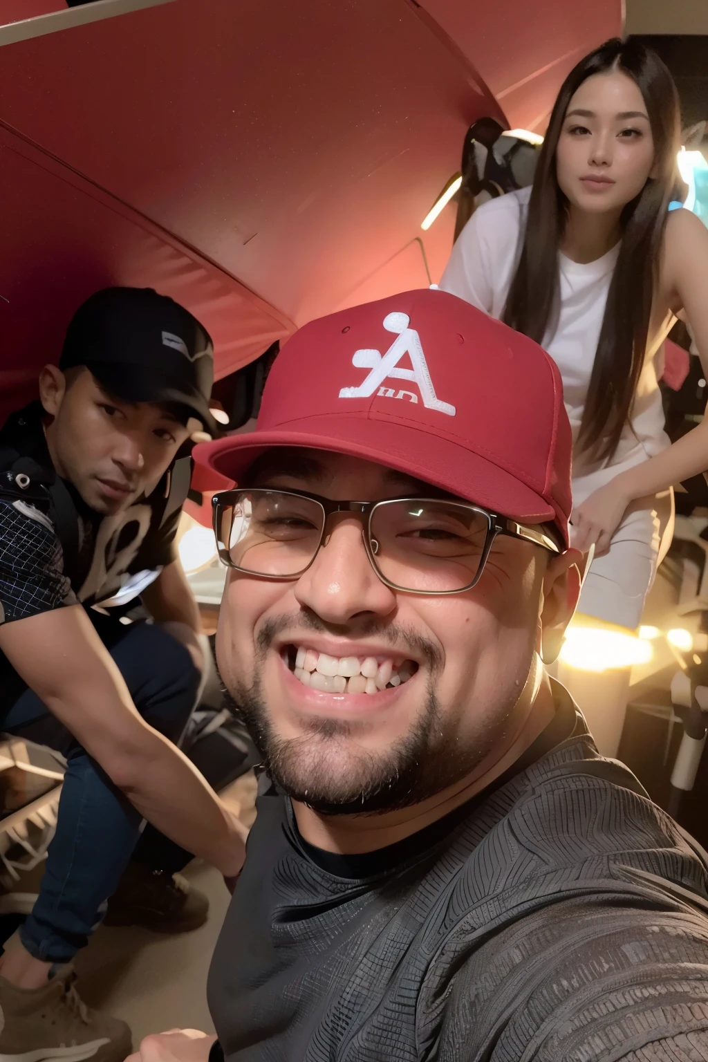 Piloto de formula um sorrindo , com capacete na mao, cores do uniforme vermelho