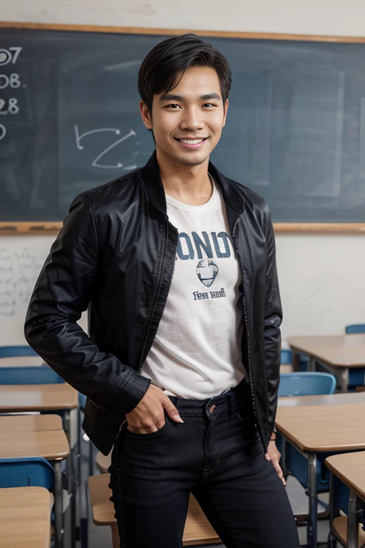 male vietnamese teacher, handsome, shorthair, smiling eyes, happy face, teaching in the classroom, t-shirt with color #7F2286, black jeans jacket, standing, look straight to the viewer, realistic style