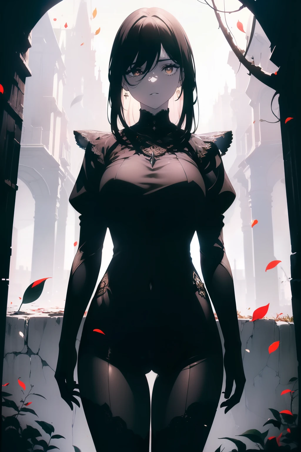 ((((Obra maestra, La mejor calidad, ultrahigh resolution)))), 1girl, happy, standing, ((wearing suit of armor)), (black hair, dark black hair over eye:1), long hair cut, pale skin, ((brown eyes)), ((glowing_eyes)), (((ultra detailed eyes:0.7, beautiful and detailed face, detailed eyes:0.9))), ((centered)), (wide shot), facing viewer, (((outdoors, darkness, falling leaves:0.9))), medium breasts, looking at viewer, ((half closed eyes)), ((perfect hands)), (((head:1, arms, hips in view, elbows, thighs, in view))), ((hands at sides)), lively eyes, beautiful lighting, outside, outdoors, background, ((defined subject)), 25 years old, (head tilt), (((cool))), ((lively)), (((high contrast)))