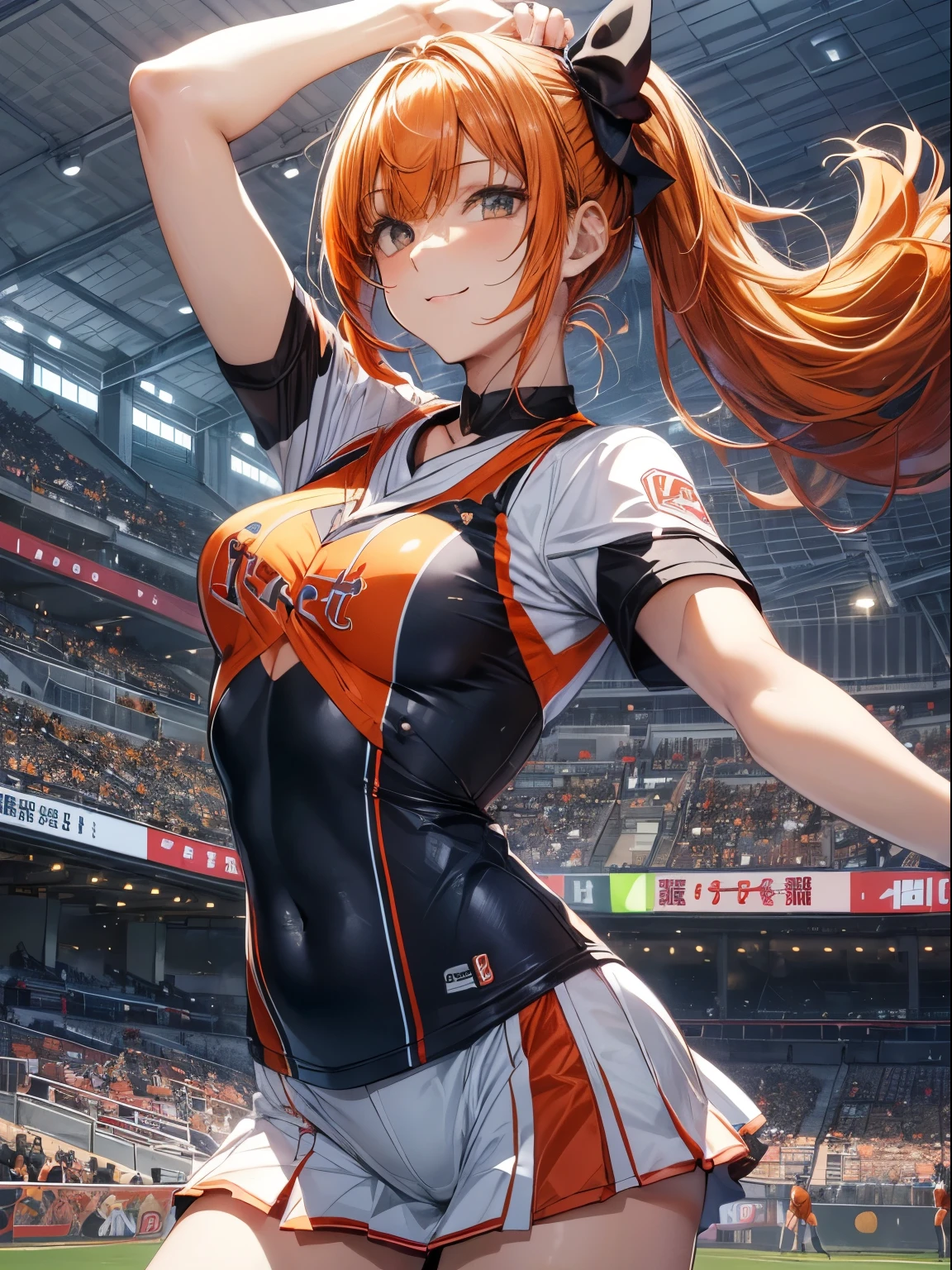 top-quality、Full limbs、complete fingers、Slender beauty、1人の女性、(((orange hair woman:1.5)))、Dark blue bloomers、Woman in a ponytail、cheer girl、Beauty busty woman、(((オレンジ色のcheer girl衣装:1.5)))、(((woman spreading her arms out to the side)))、A big smile、Baseball Stadium Grounds、Raising your right leg high