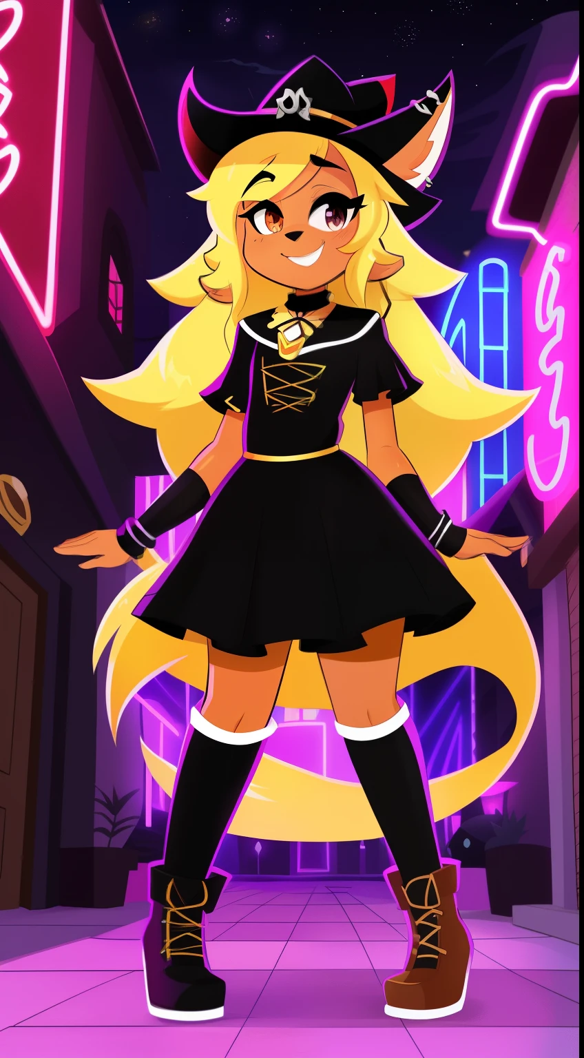 Hioshiru Face A cartoon girl in a black dress and hat standing in a street - SeaArt AI