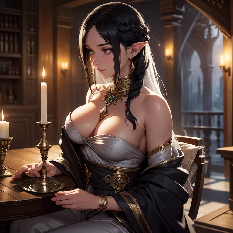 (best quality, highres, ultra-detailed), (realistic:1.37), black hair, silver eyes, elf female, dim candle lit tavern, mystical atmosphere, graceful posture, intricate braided hairstyle, ornate earrings, ethereal beauty, soft candlelight shadows, gentle smiles, vibrant colors, fantasy setting, captivating gaze, enchanting atmosphere, delicate features, elegant attire, magical aura, shining silver jewelry, fantasy artwork, magical creatures, elven world, mysterious charm