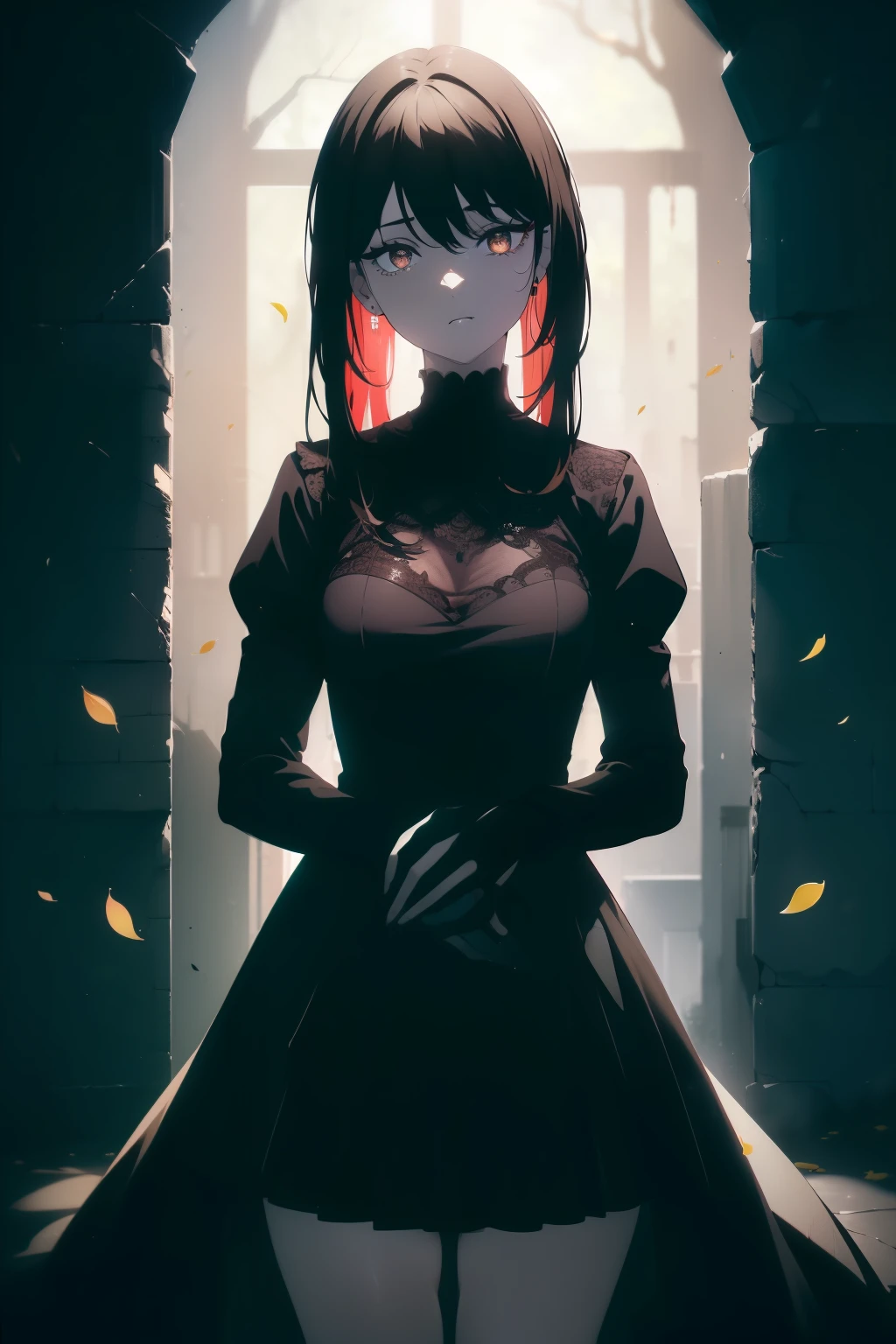 ((((Obra maestra, La mejor calidad, ultrahigh resolution)))), 1girl, happy, standing, ((doll-like dress, doll-like appearance)), (long black hair), long hair cut, pale skin, ((brown eyes)), ((glowing_eyes)), (((ultra detailed eyes:0.7, beautiful and detailed face, detailed eyes:0.9))), ((centered)), (wide shot), facing viewer, (((outdoors, darkness, falling leaves:0.9))), medium breasts, looking at viewer, ((half closed eyes)), ((perfect hands)), (((head:1, arms, hips in view, elbows, thighs, in view))), ((hands at sides)), lively eyes, beautiful lighting, outside, outdoors, background, ((defined subject)), 25 years old, (head tilt), (((cool))), ((lively)), (((high contrast)))