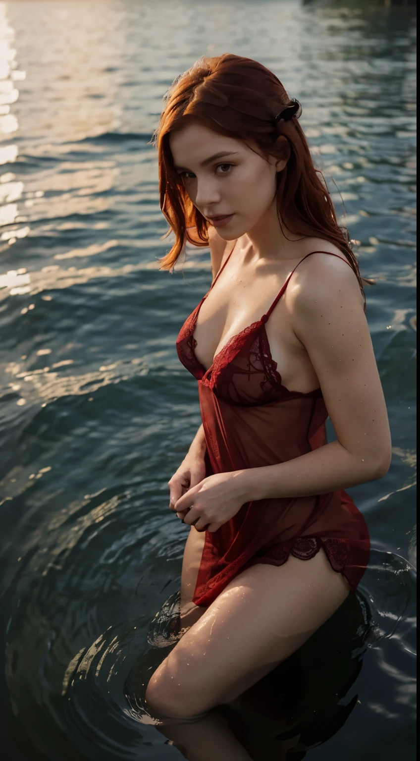 Portrait of a 26-year-old red-haired girl, The silhouette is beautiful, Dressed in a transparent lace nightie , In the lake, Hands and feet in the water, Seduction, sun setting, cinematic rendering, 12)