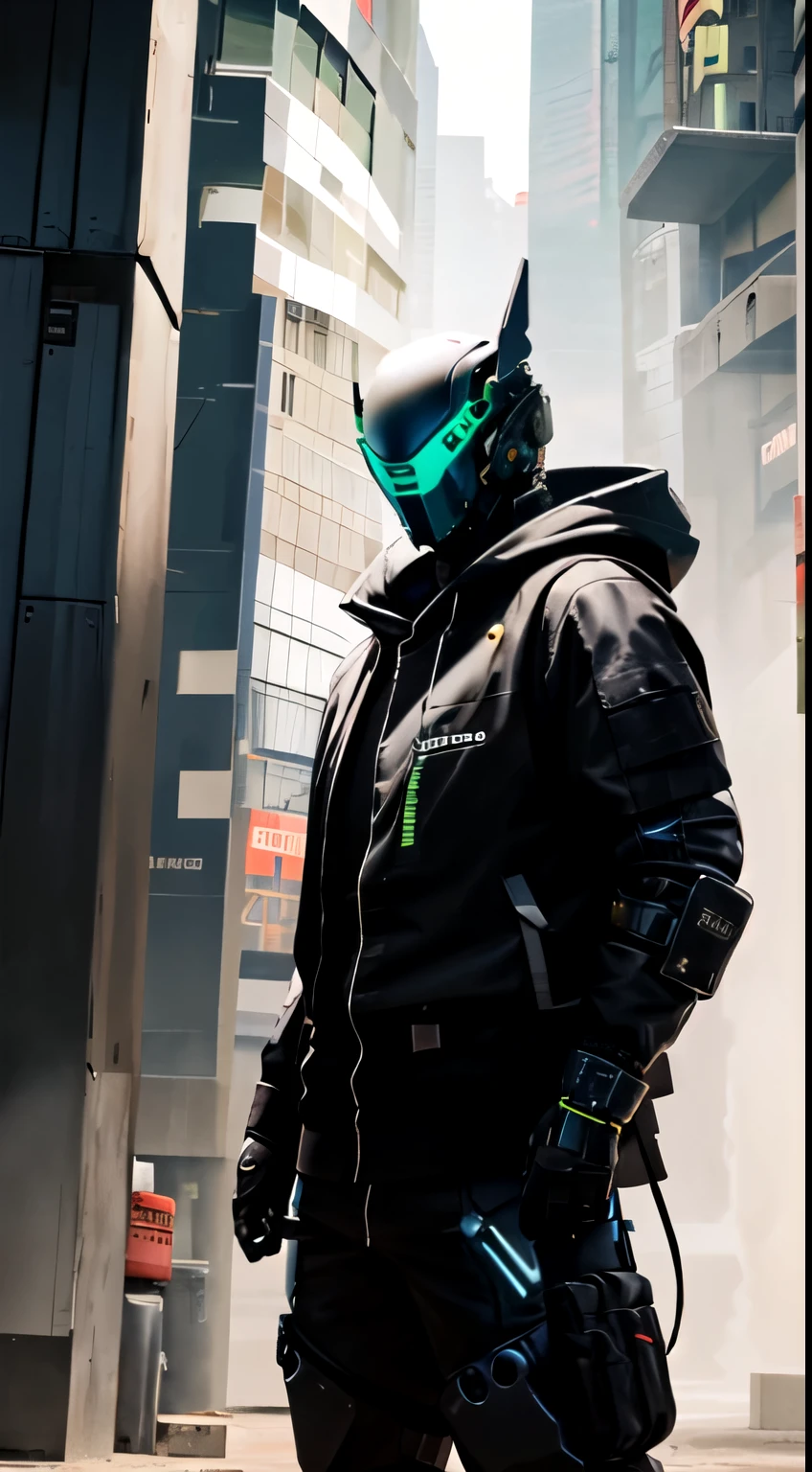 masterpiece, realistic dslr photo de vaquero mecha, con un traje ????? y verde con una mochila, Cyberpunk asymetric Streetwear, Traje oversized cyberpunk, cyberpunk street goon, Uso cyberpunk, Techwear cyberpunk, Estilo cyberpunk silenciado, Lleva ropa de calle futurista estilo cyberpunk, Soldado cyberpunk del futuro, mercenario futurista, ambiente callejero, peligroso, ghetto, Estilo cyberpunk hiperrealista, japones, ronin, Toda la ropa negra holgada, capucha del hoodie sobre el cibercasco, crow in cyber armour, brazos mecanicos, brazos roboticos, cyborg, cibercasco HUD, tecnologia avanzada, alta tecnologia. futurista, imponente, agresivo, ropa desgastada, intimidante, musculoso, octane render, 4k, maya, substance, iluminacion cinematica, sci-fi scene, mejor calidad, hdr, autofocus, toma nitida, luz del atardecer, misterioso mercenario cyborg del futuro cyberpunk, dramatico, intrincado, no hay humanos, robotic, cyborg, mercenario, cibercasco, chupas!,
