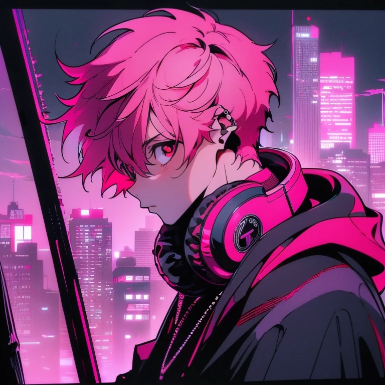 (short-cut), (Two-block hair), (vivid pink hair), (male character), (Red Eyes), (Cool pose), (of the highest quality), (masterpiece), (ultra-detailliert), (Oversized hoodies), (Street), (neons), (Camera from a down angle), (Modern City), (neonsデイライト), (Cinematic), (Stylish), (hight resolution), (Hyper Detailed), (Looking at the camera), (Anime-style), (Softtown), (nightcore), (a handsome man), (Listening to music through headphones), (natural appearance of the building), (casual), (ig studios anime style), (multifaceted),