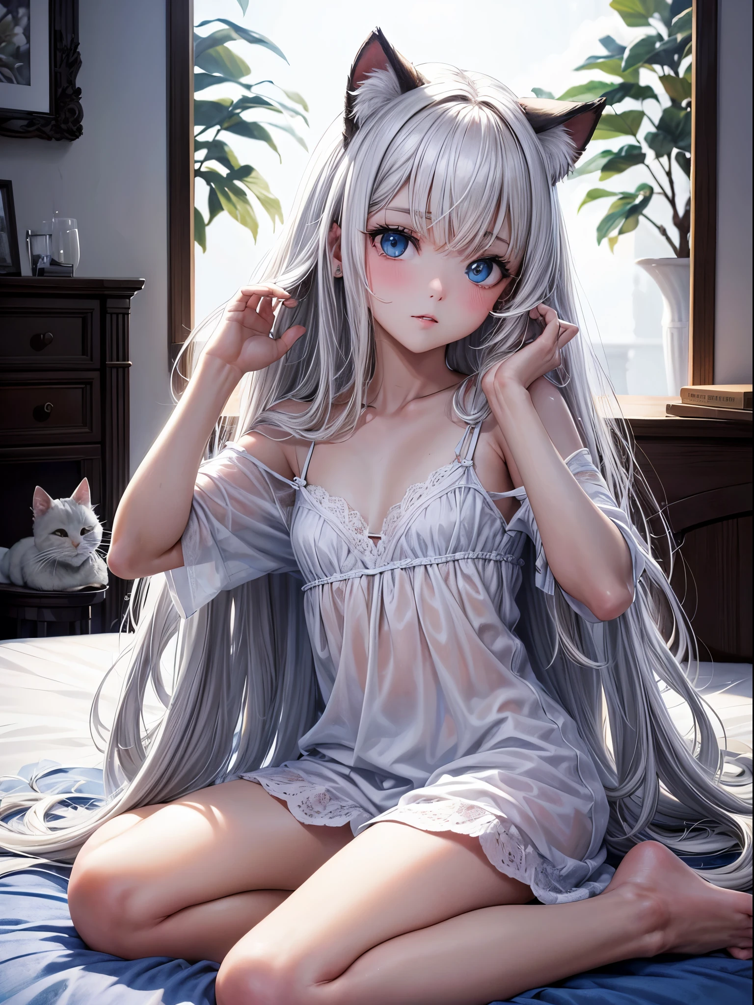 Adulta de pelo blanco, (con orejas de gato) y ojos azules, con senos grandes y caderas anchas, en un cuarto oscuro, sentada en la cama, ((con ropa interior sexy))