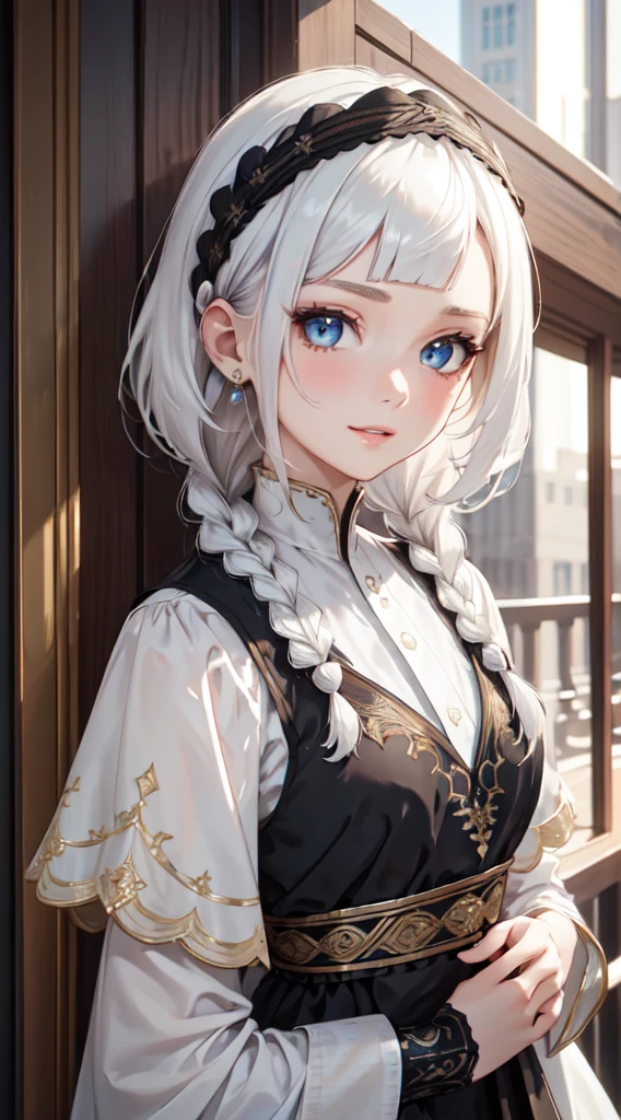 mature, slender body,((thawb)), braid, ((short bangs:1.4)), (white hair), (best quality:1.3), (highres1.3), (clear1.3), (8k:1.3), masterpiece, (detailed:1.1), 1girl, beautiful detailed eyes, beautiful detailed lips, extremely detailed eyes and face, long eyelashes,, blue eyes, shy smile, perfect proportion, face close up, blush, forehead, parted_lips, cowboy_shot, platinum_trim, jewelry,glint, sparkle, light_rays lens_flare light_particles, hyper detailed, high detail, exquisite detail,