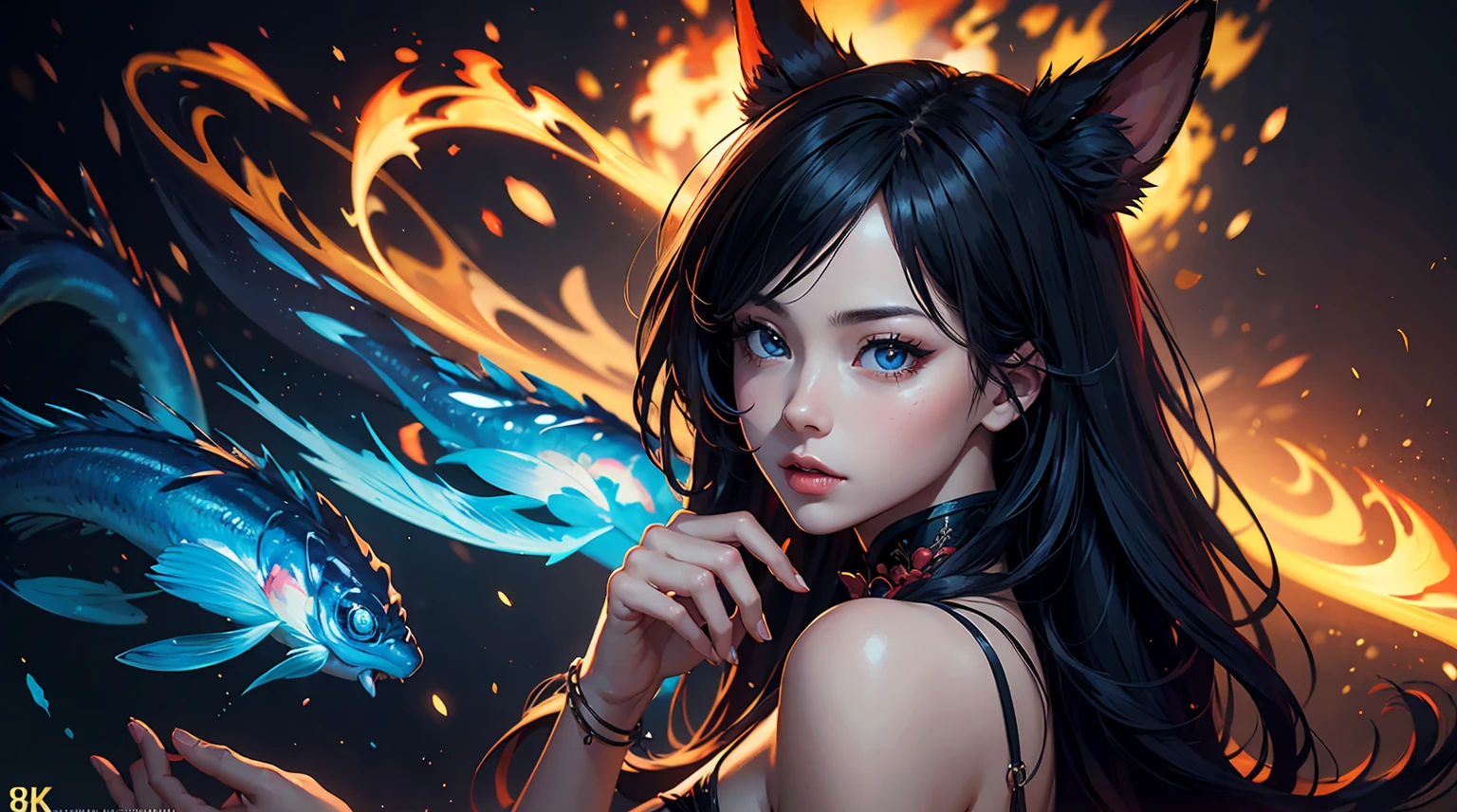 Ahri, ((((single person, single girl)))), perfect breastull body shot)), highly detailed face, well defined face details, detailed face lighting, (((chinese aesthetics))), (((chinese aesthetic background))), ((red flames)), ((((8k ultra HD)))), red theme color scheme, ((((high quality photo)))), ((((extremely detailed)))), (photo realistic:1.2)