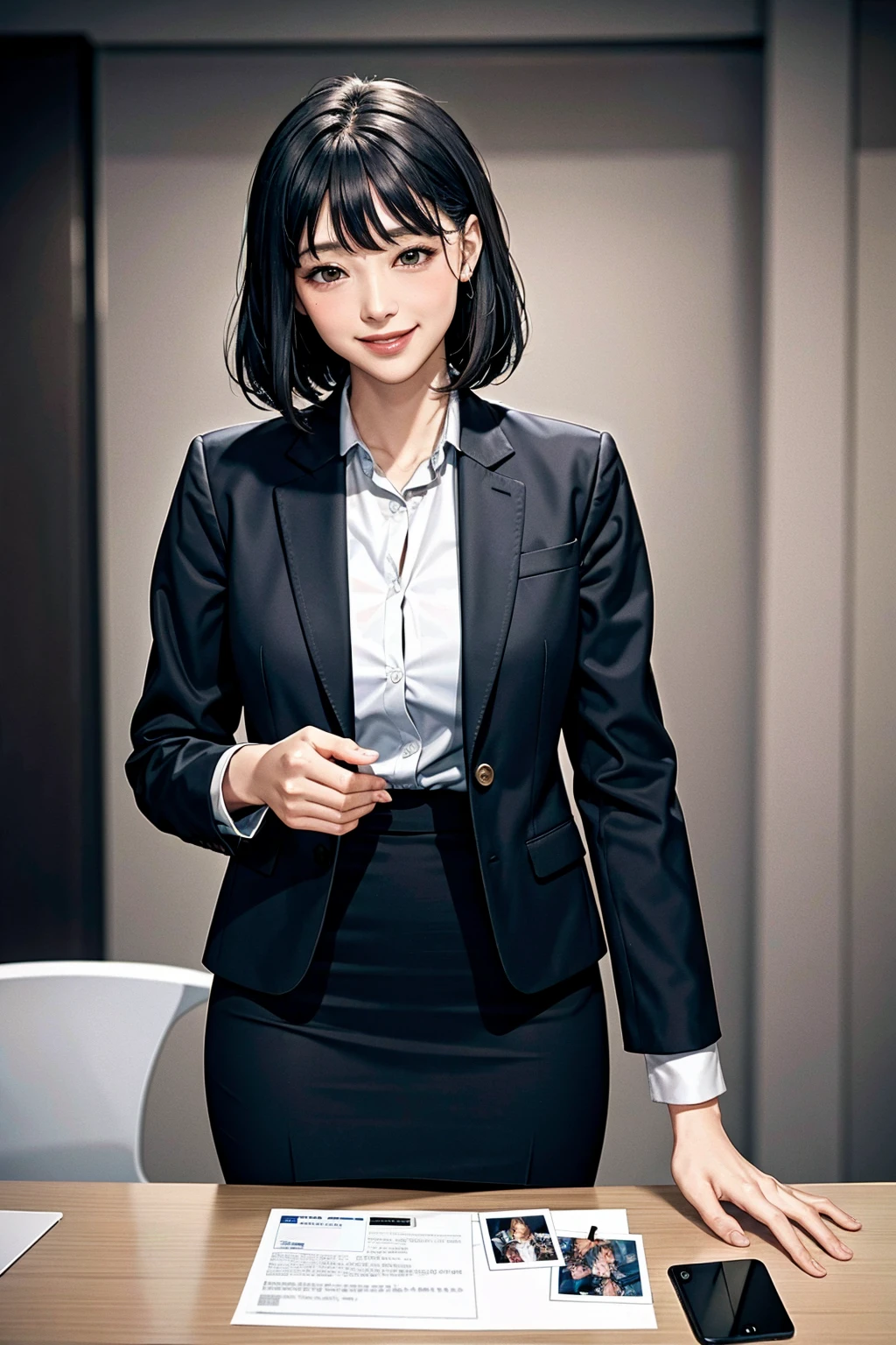 (modern office indoors), 1lady solo, (black medium hair) bangs, (suit jacket, pencil_skirt), (black pantyhorse), ((id card)), blush kind smile, (masterpiece best quality:1.2), delicate illustrations, high resolution, super detail, large breasts