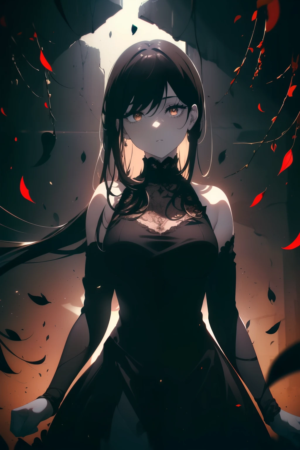 ((((Obra maestra, La mejor calidad, ultrahigh resolution)))), 1girl, happy, standing, ((doll-like dress, doll-like appearance)), ((waist)), (long black hair), long hair cut, pale skin, ((brown eyes)), ((glowing_eyes)), (((ultra detailed eyes:0.7, beautiful and detailed face, detailed eyes:0.9))), ((centered)), (wide shot), facing viewer, (((outdoors, darkness, falling leaves:0.9))), medium breasts, looking at viewer, ((half closed eyes)), ((perfect hands)), (((head:1, arms, hips in view, elbows, thighs, in view))), ((hands at sides)), lively eyes, beautiful lighting, outside, outdoors, background, ((defined subject)), 25 years old, (head tilt), ((((cool)))), ((lively)), (((high contrast)))
